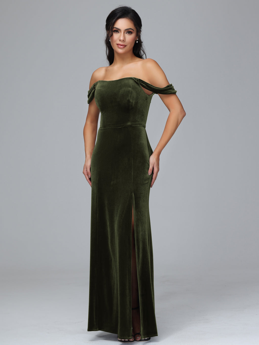 Off Shoulder Plus Size Velvet Bridesmaid Dress With Slit