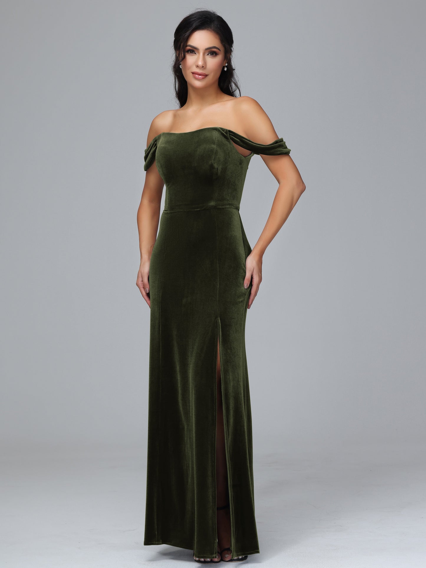 Off Shoulder Plus Size Velvet Bridesmaid Dress With Slit