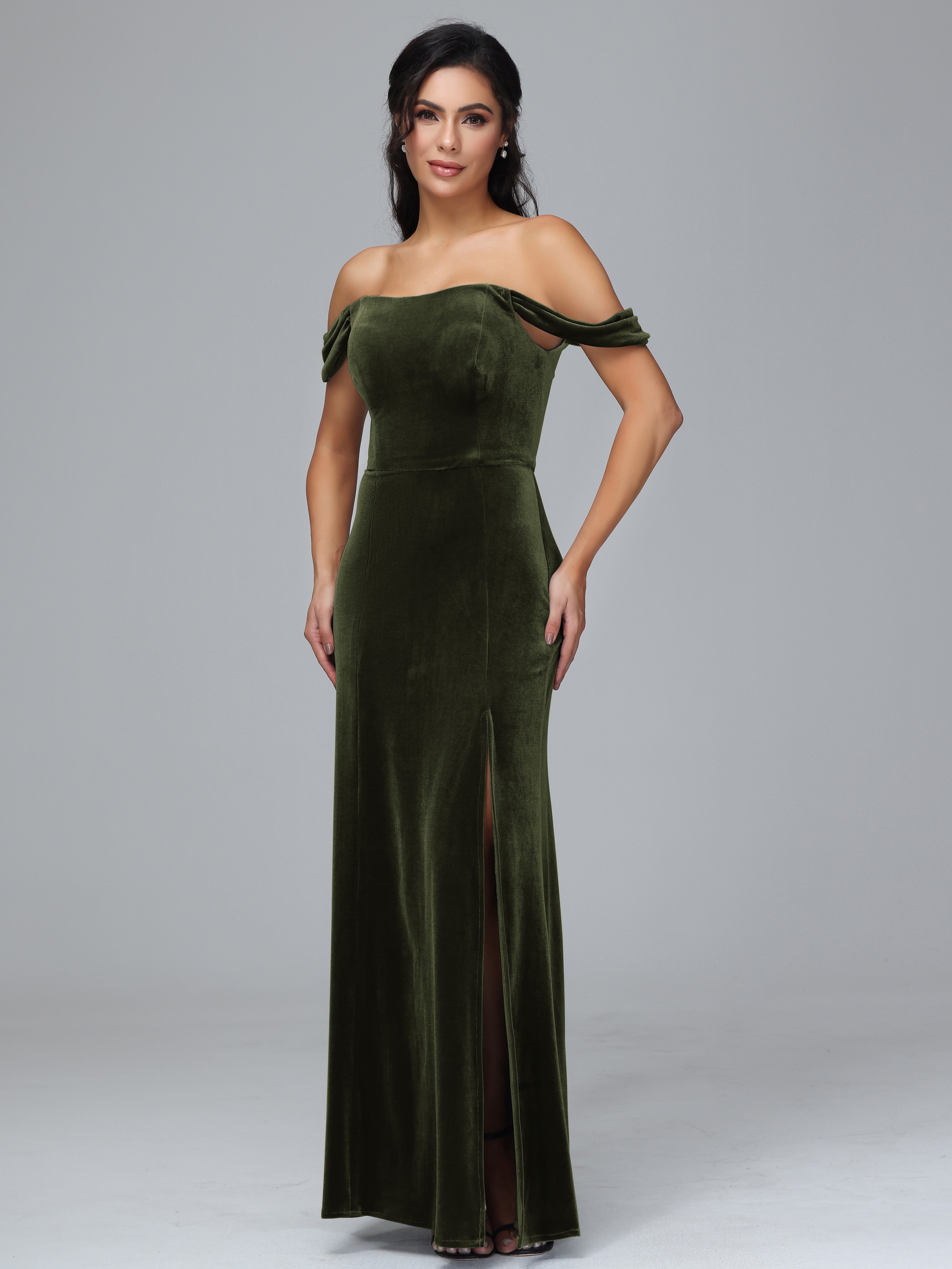 Off Shoulder Plus Size Velvet Bridesmaid Dress With Slit
