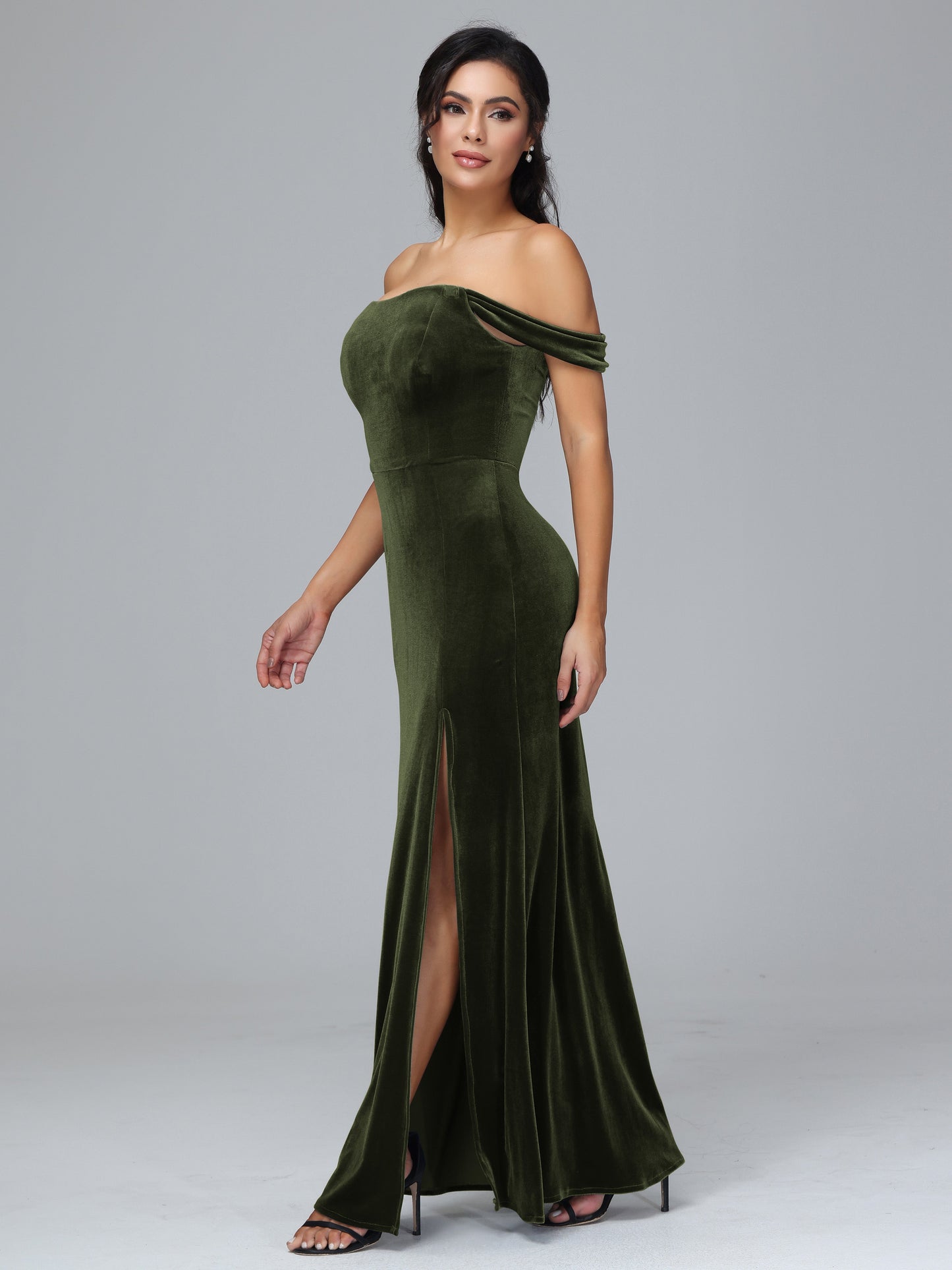 Off Shoulder Plus Size Velvet Bridesmaid Dress With Slit