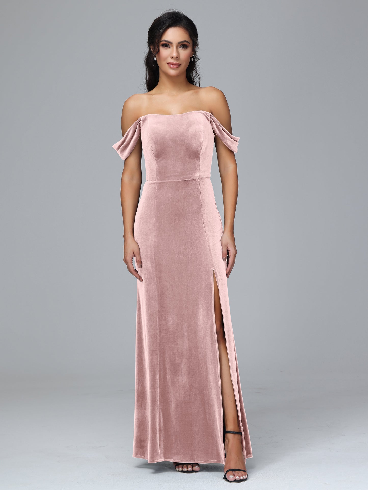 Off Shoulder Plus Size Velvet Bridesmaid Dress With Slit