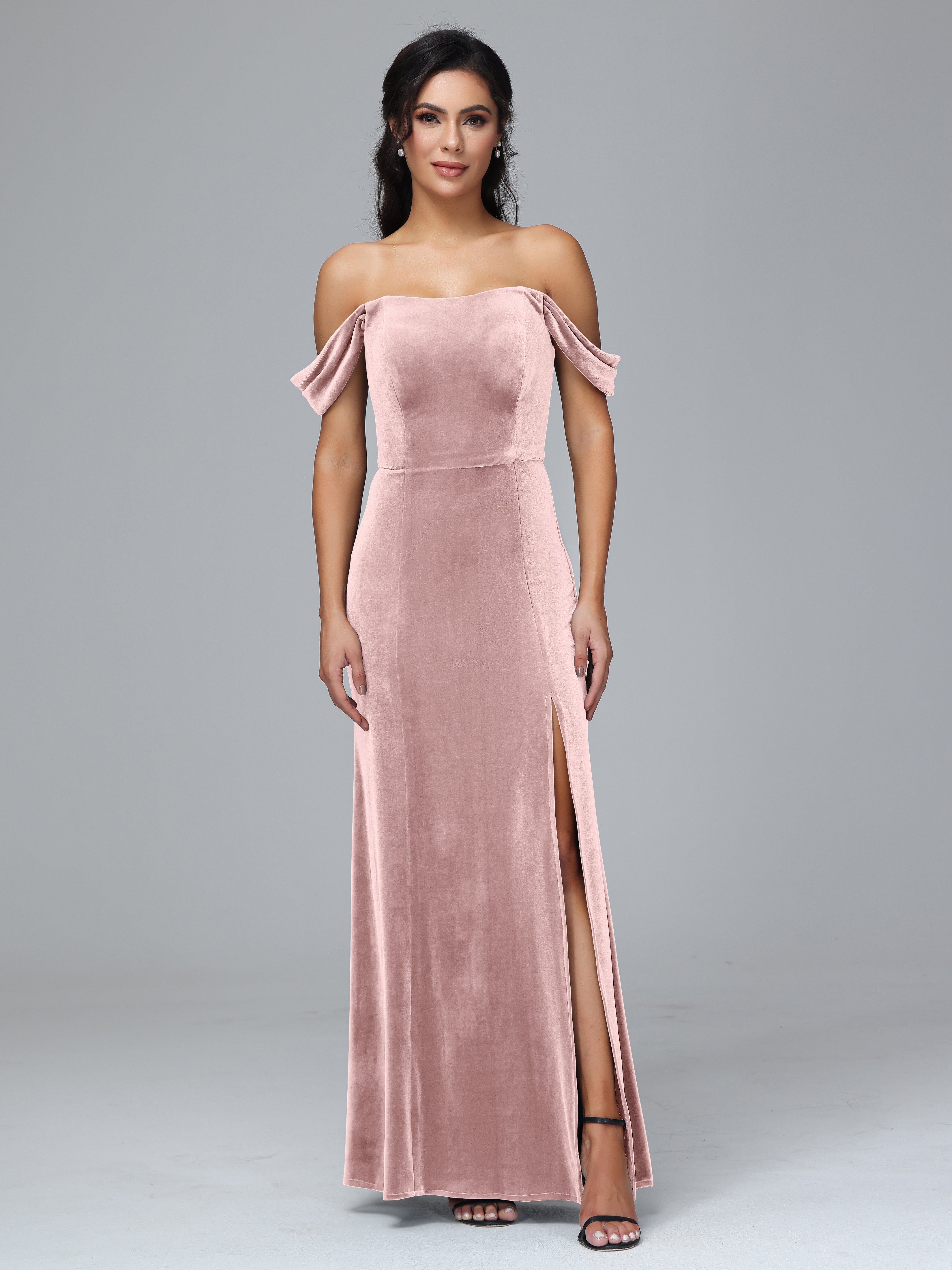 Off Shoulder Plus Size Velvet Bridesmaid Dress With Slit