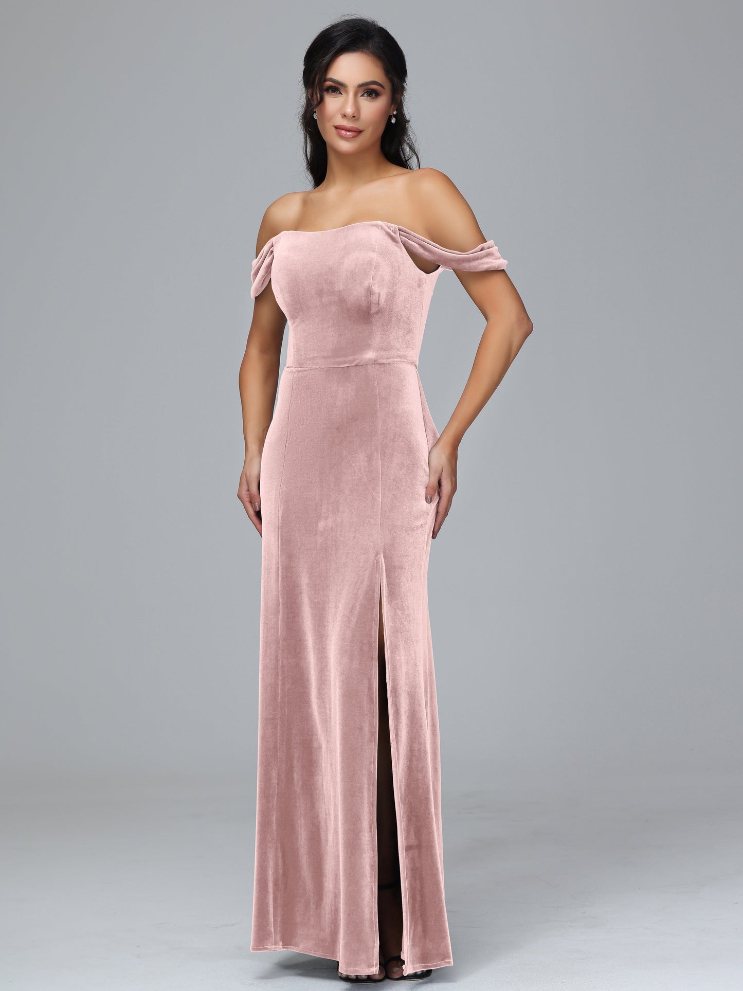 Off Shoulder Plus Size Velvet Bridesmaid Dress With Slit