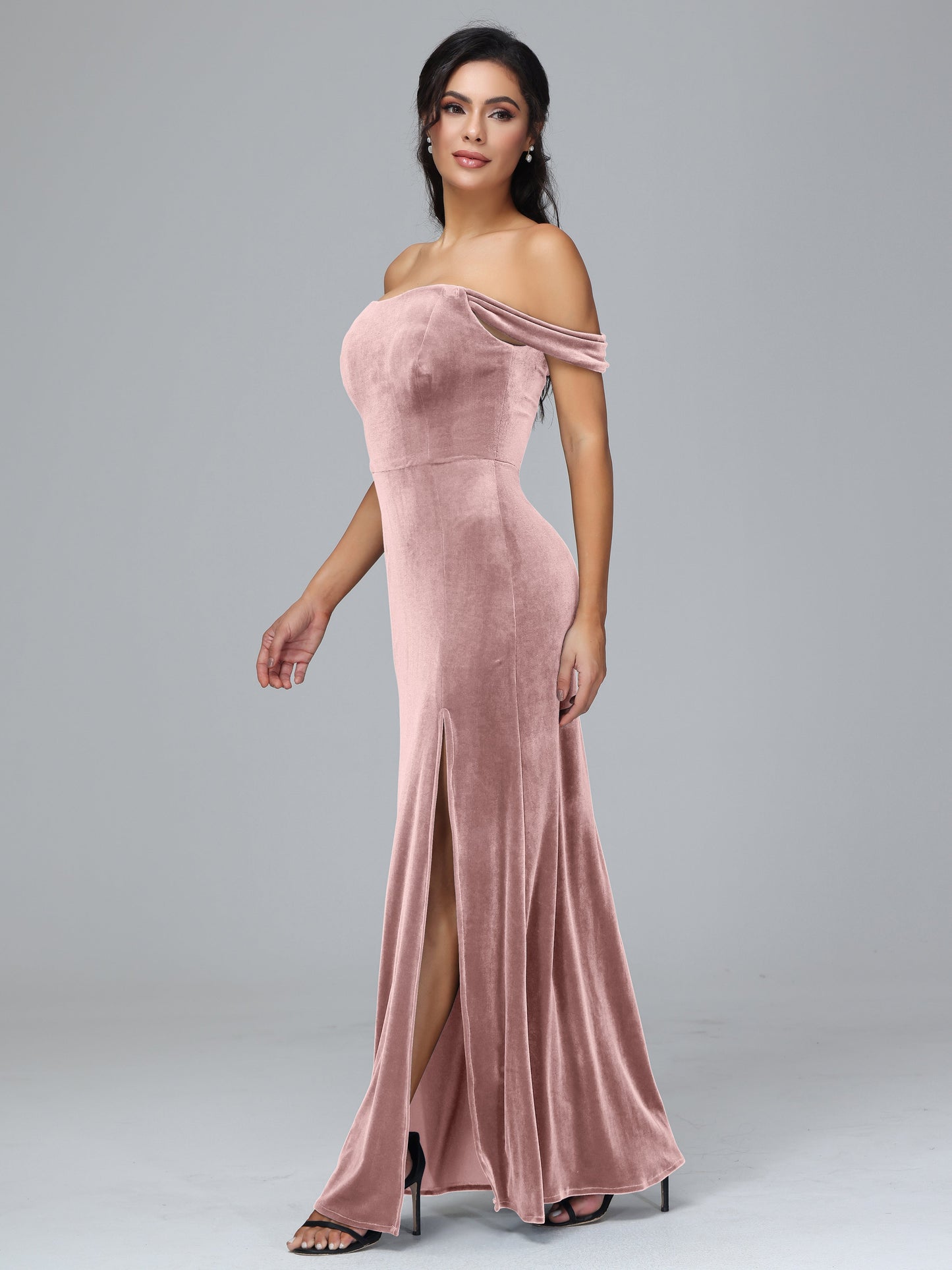 Off Shoulder Plus Size Velvet Bridesmaid Dress With Slit