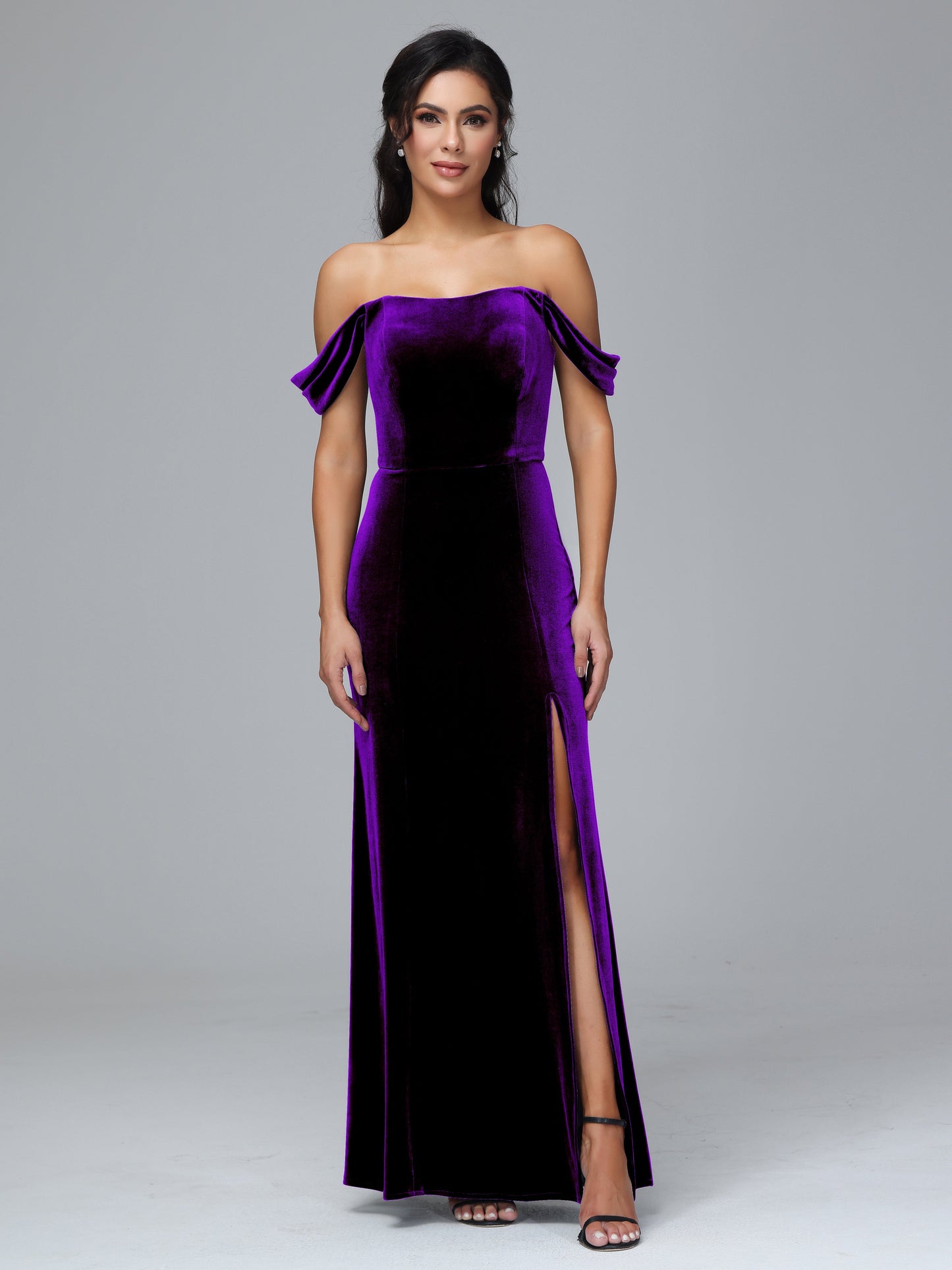 Off Shoulder Plus Size Velvet Bridesmaid Dress With Slit