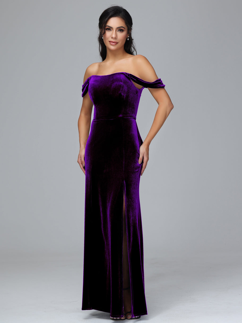 Off Shoulder Plus Size Velvet Bridesmaid Dress With Slit