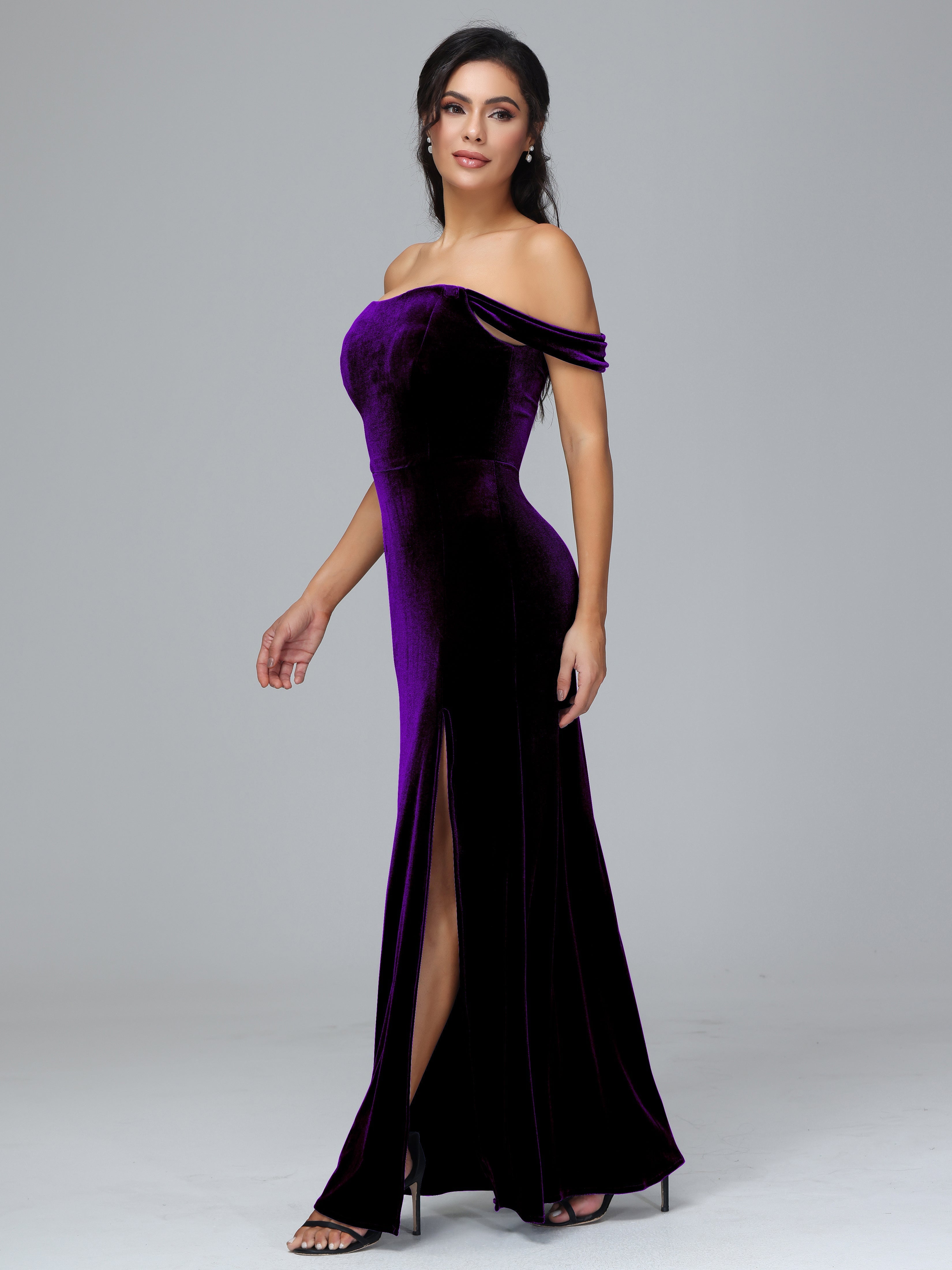 Off Shoulder Plus Size Velvet Bridesmaid Dress With Slit