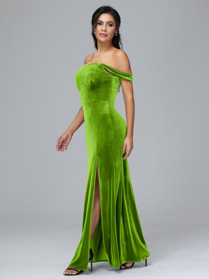 Off Shoulder Plus Size Velvet Bridesmaid Dress With Slit