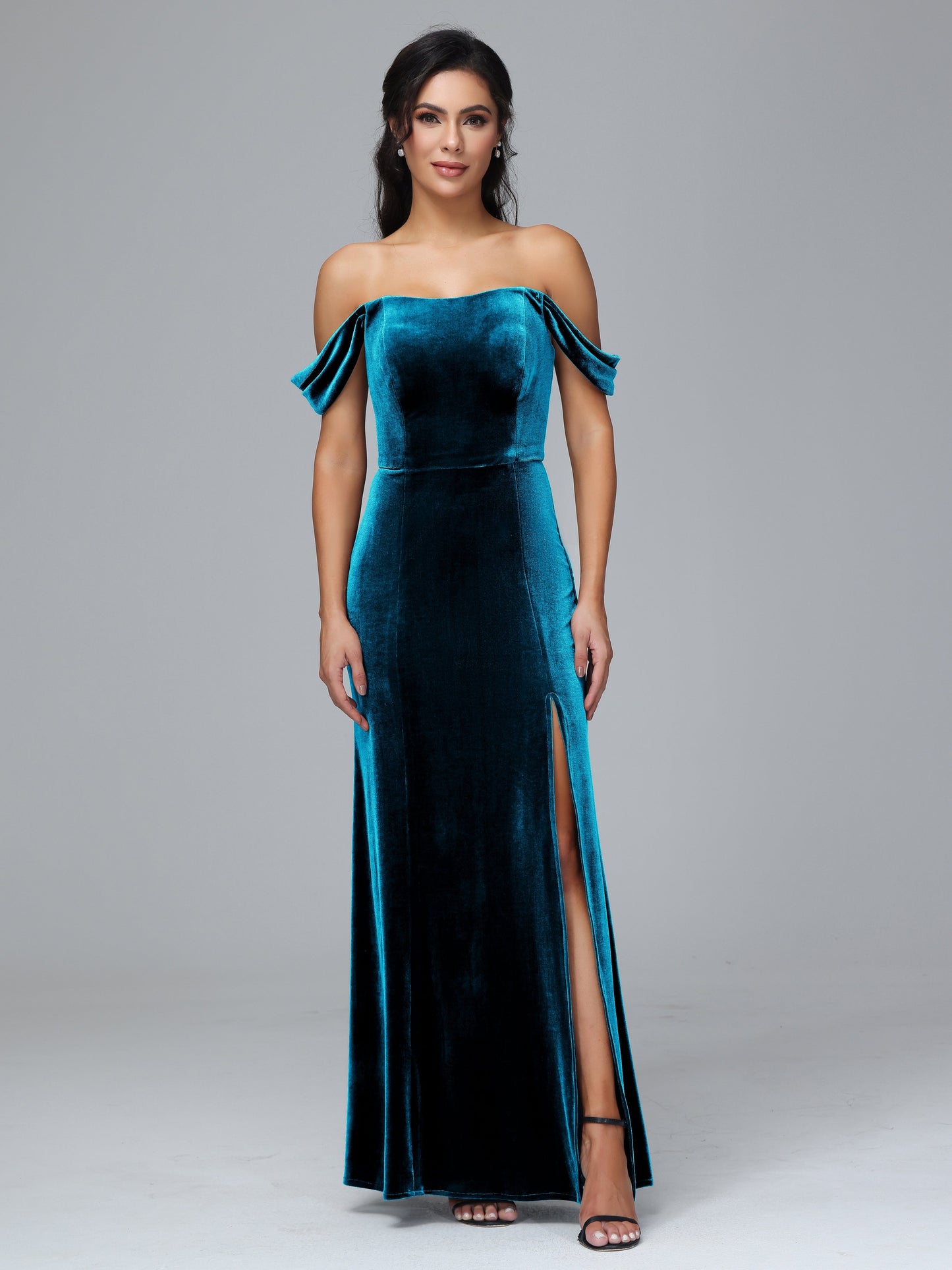 Off Shoulder Plus Size Velvet Bridesmaid Dress With Slit