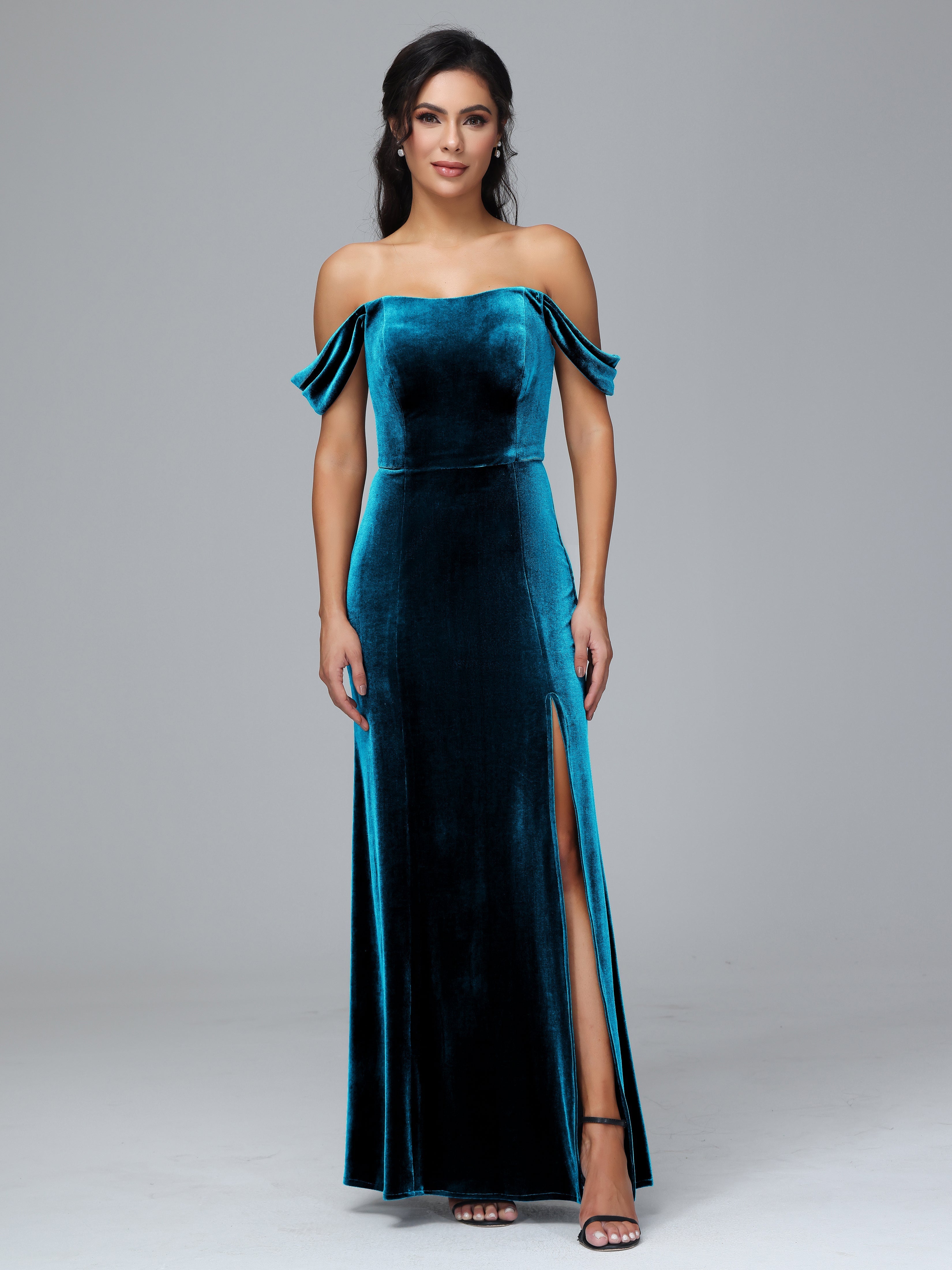 Off Shoulder Plus Size Velvet Bridesmaid Dress With Slit