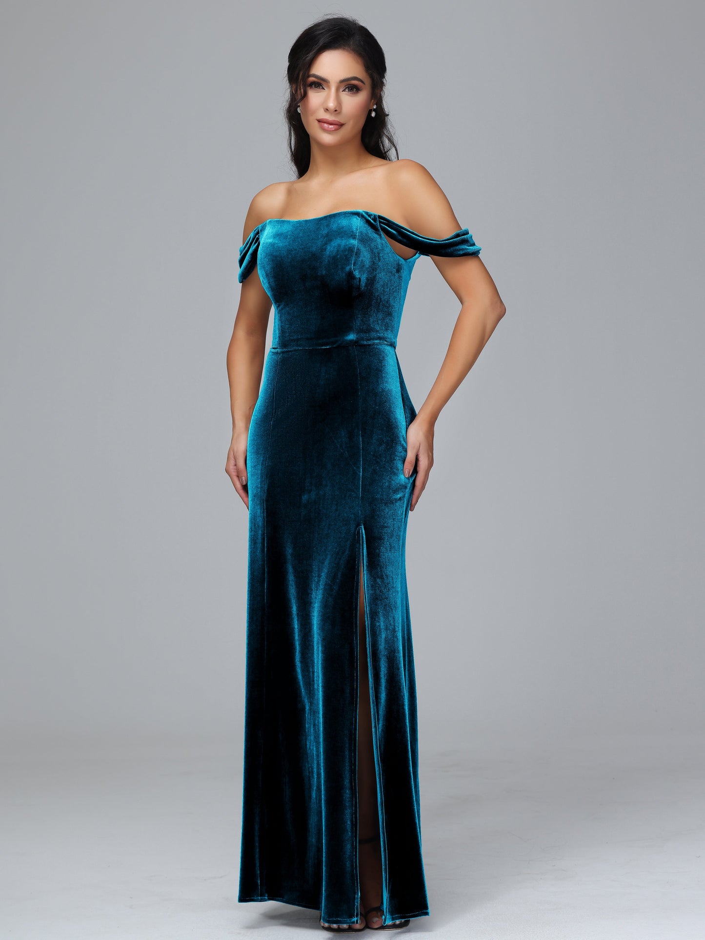 Off Shoulder Plus Size Velvet Bridesmaid Dress With Slit