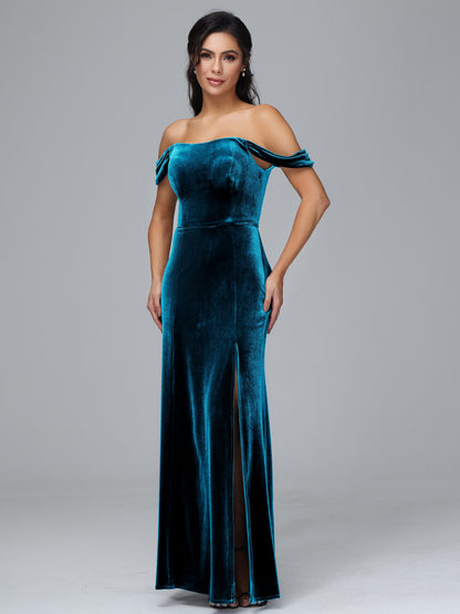 Off Shoulder Plus Size Velvet Bridesmaid Dress With Slit