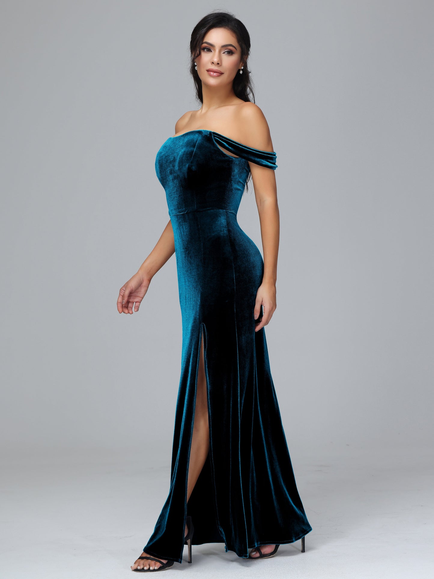 Off Shoulder Plus Size Velvet Bridesmaid Dress With Slit