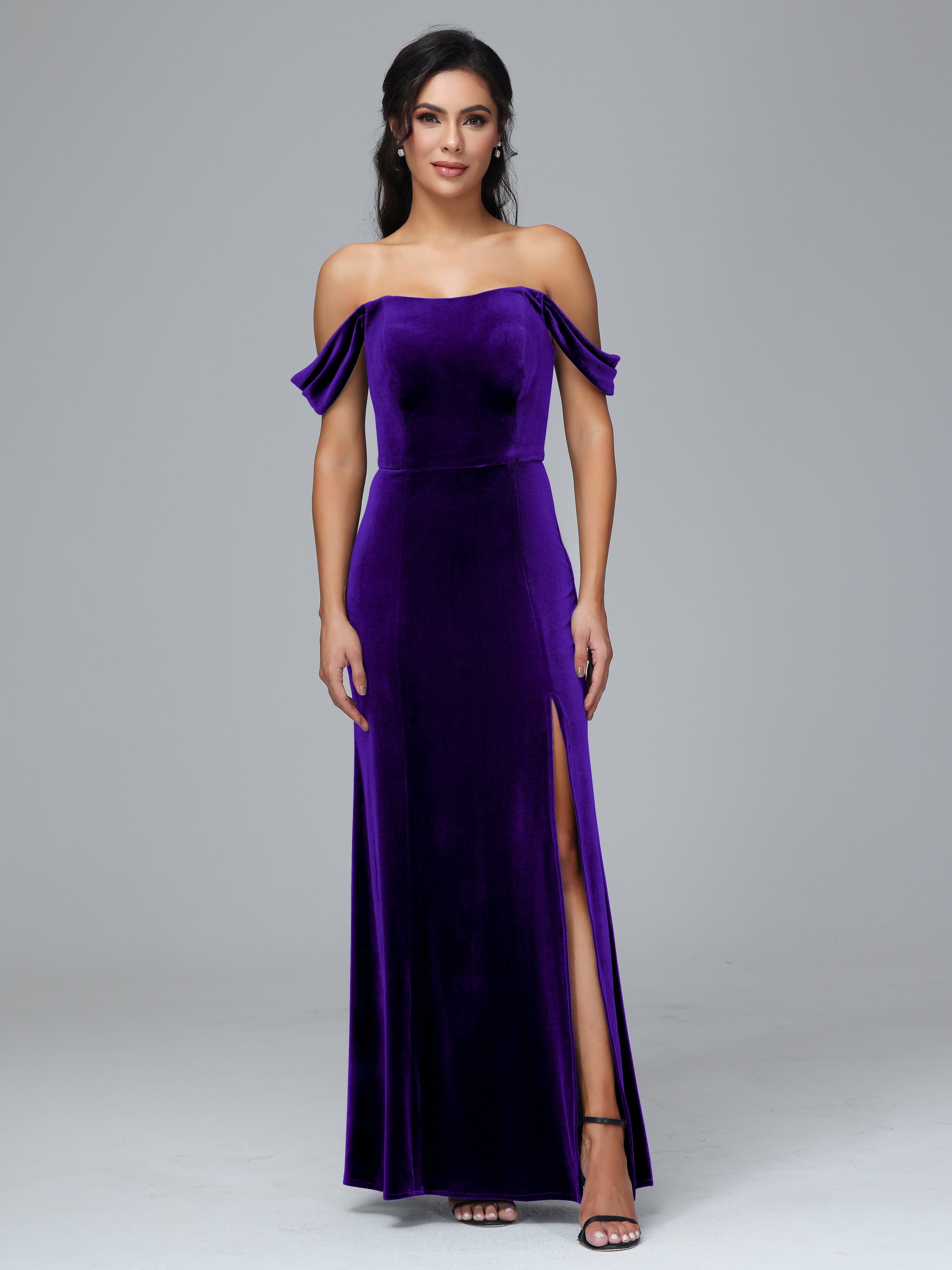 Off Shoulder Plus Size Velvet Bridesmaid Dress With Slit