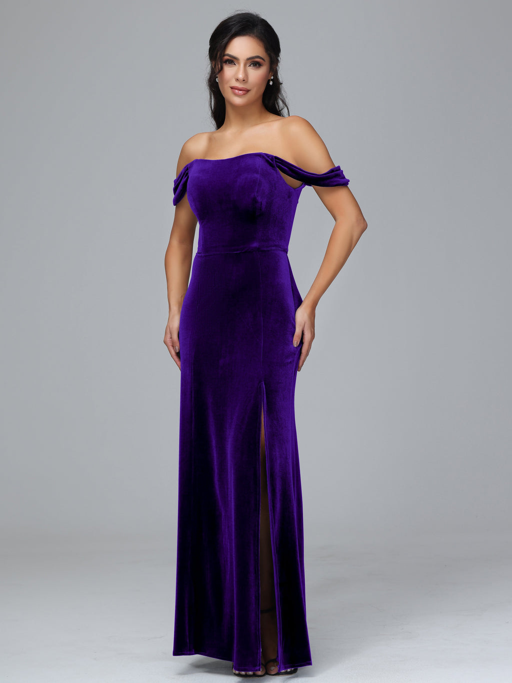 Off Shoulder Plus Size Velvet Bridesmaid Dress With Slit