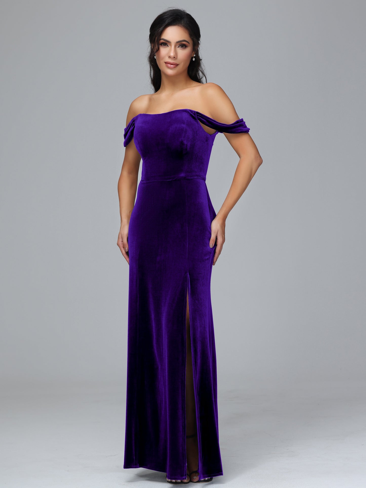 Off Shoulder Plus Size Velvet Bridesmaid Dress With Slit