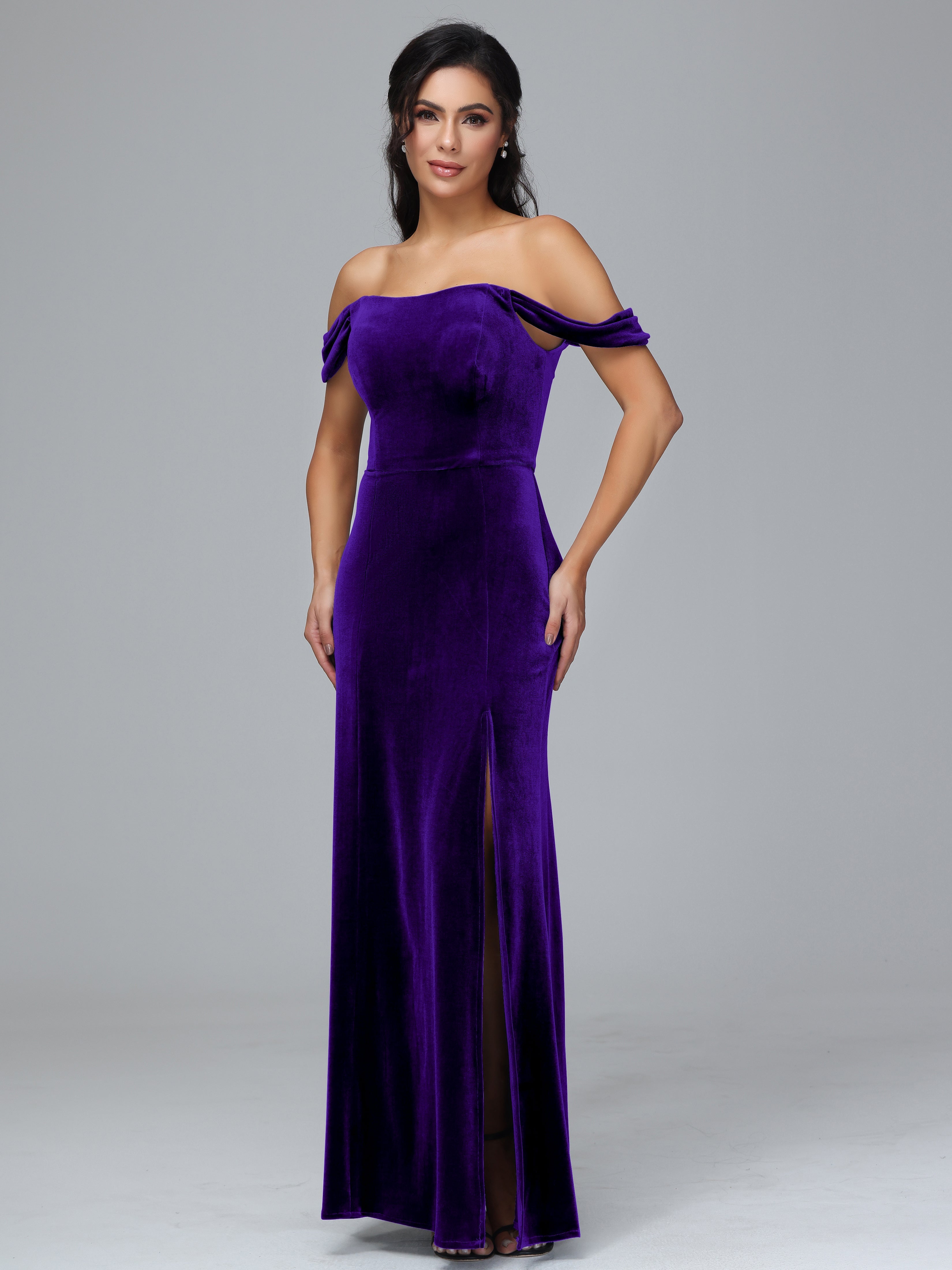 Off Shoulder Plus Size Velvet Bridesmaid Dress With Slit