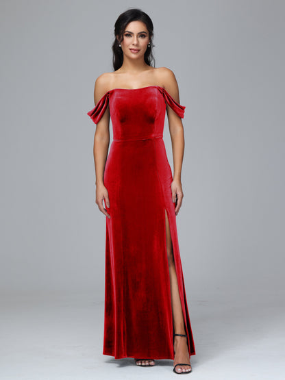 Off Shoulder Plus Size Velvet Bridesmaid Dress With Slit