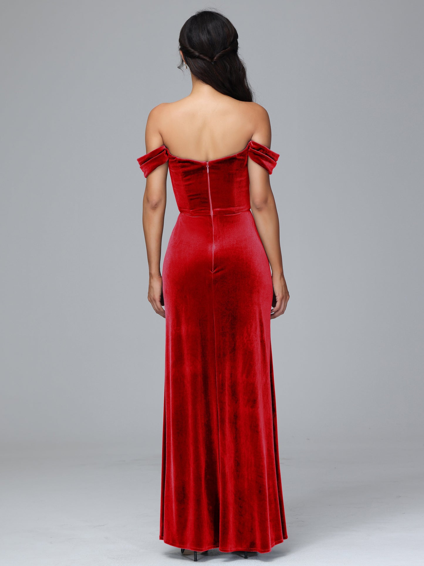 Off Shoulder Plus Size Velvet Bridesmaid Dress With Slit