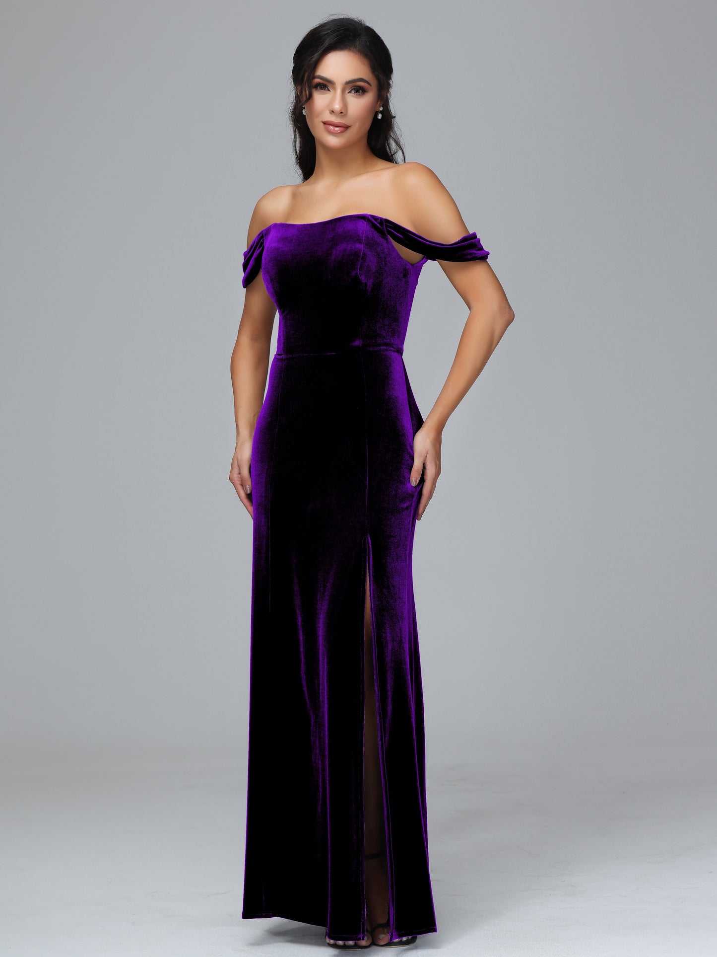 Off Shoulder Plus Size Velvet Bridesmaid Dress With Slit