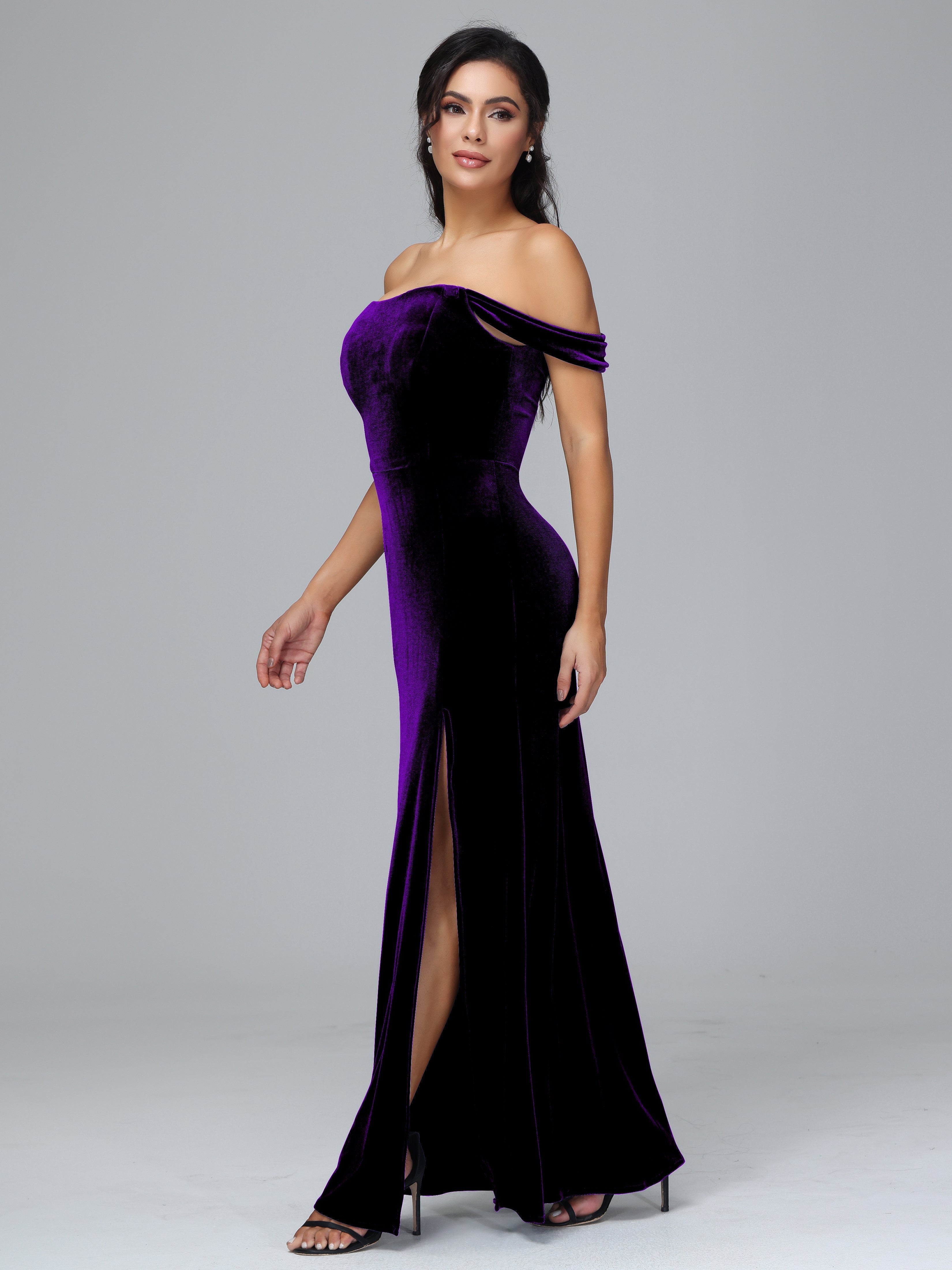 Off Shoulder Plus Size Velvet Bridesmaid Dress With Slit