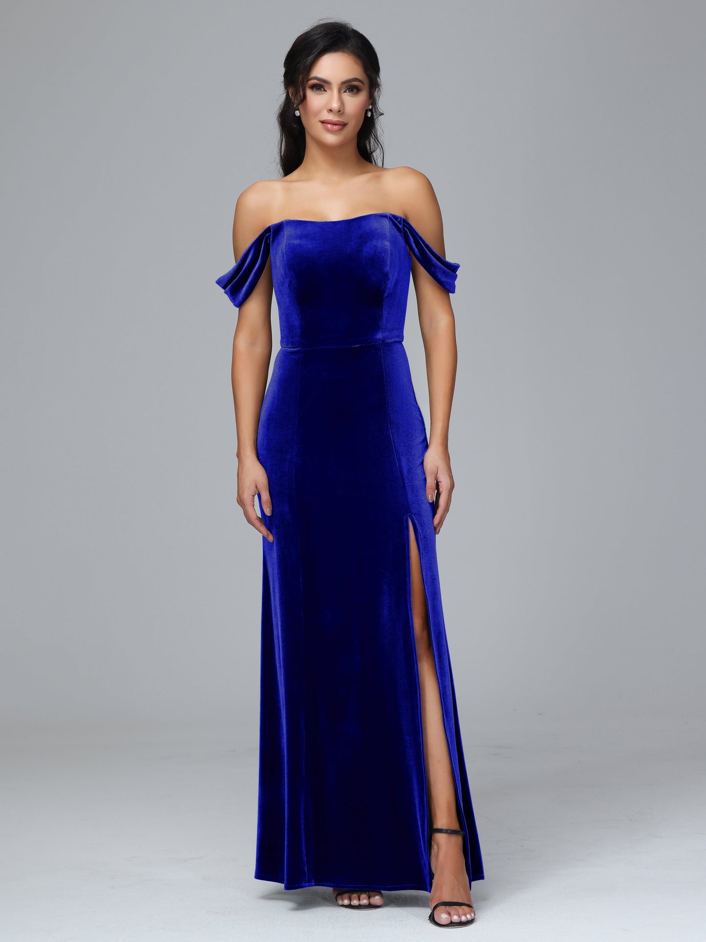 Off Shoulder Plus Size Velvet Bridesmaid Dress With Slit