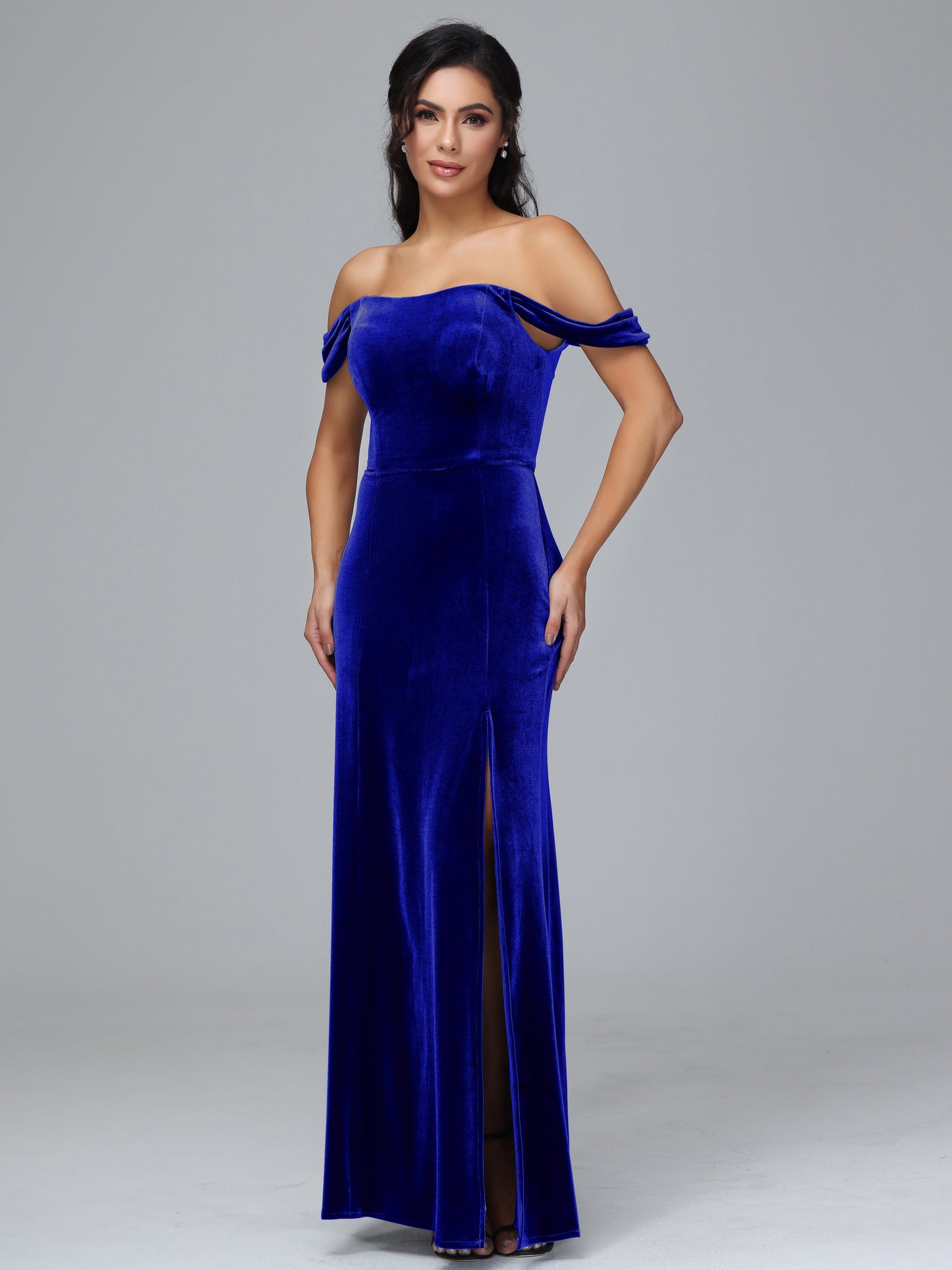 Off Shoulder Plus Size Velvet Bridesmaid Dress With Slit