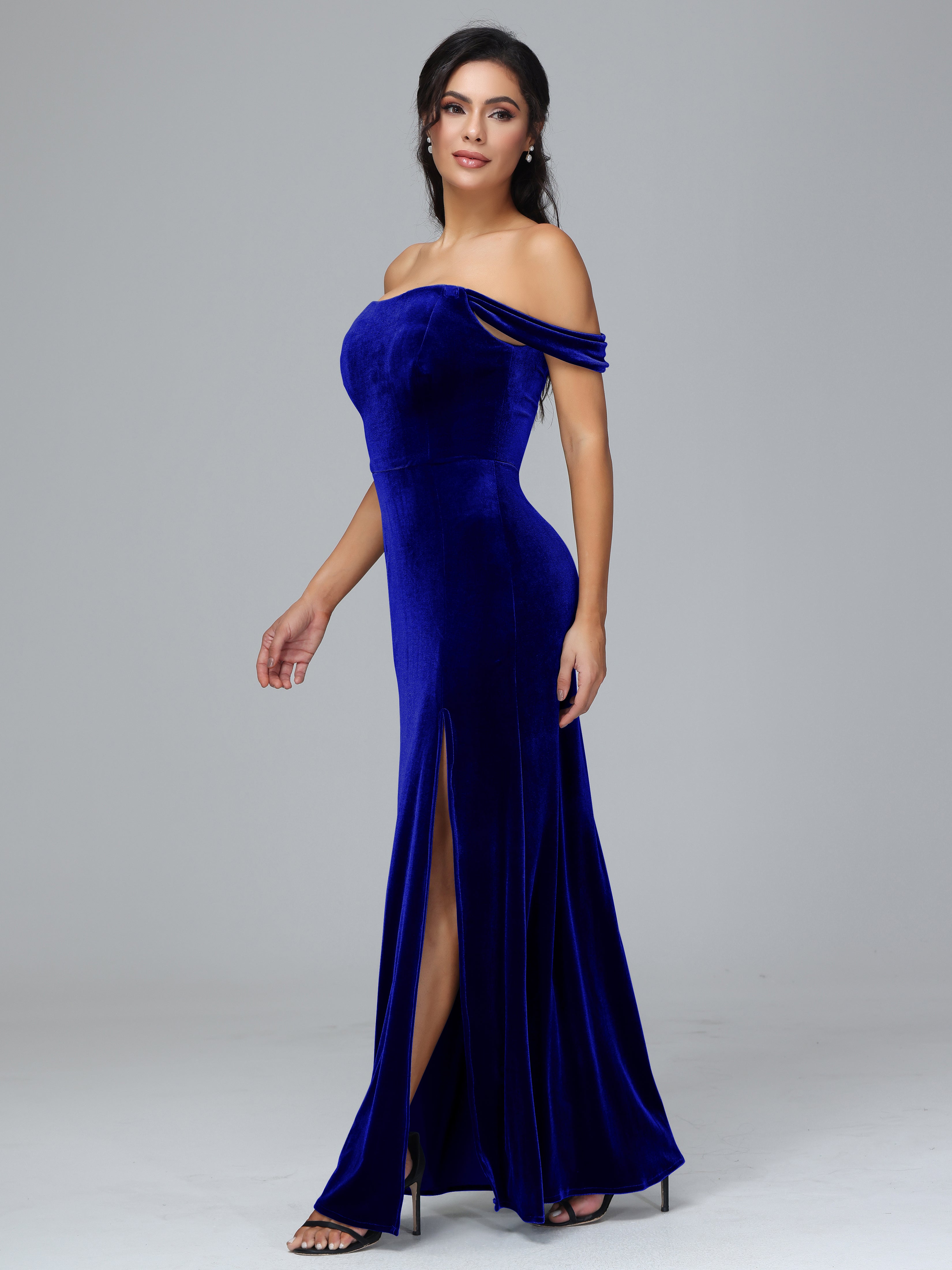Off Shoulder Plus Size Velvet Bridesmaid Dress With Slit