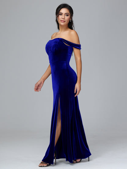 Off Shoulder Plus Size Velvet Bridesmaid Dress With Slit