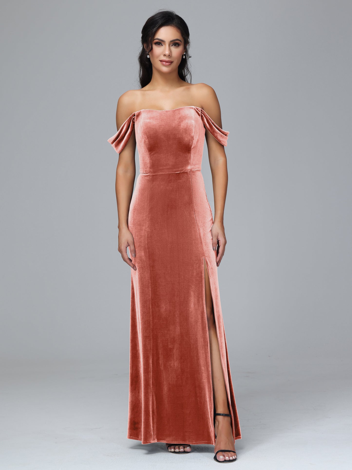 Off Shoulder Plus Size Velvet Bridesmaid Dress With Slit