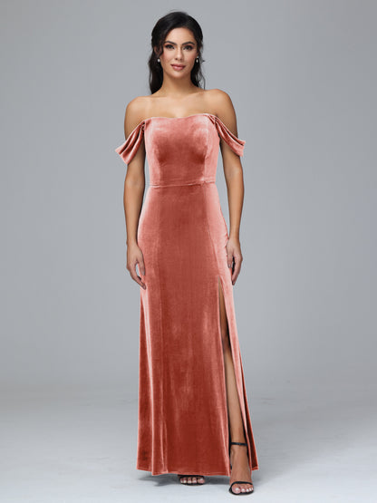 Off Shoulder Plus Size Velvet Bridesmaid Dress With Slit