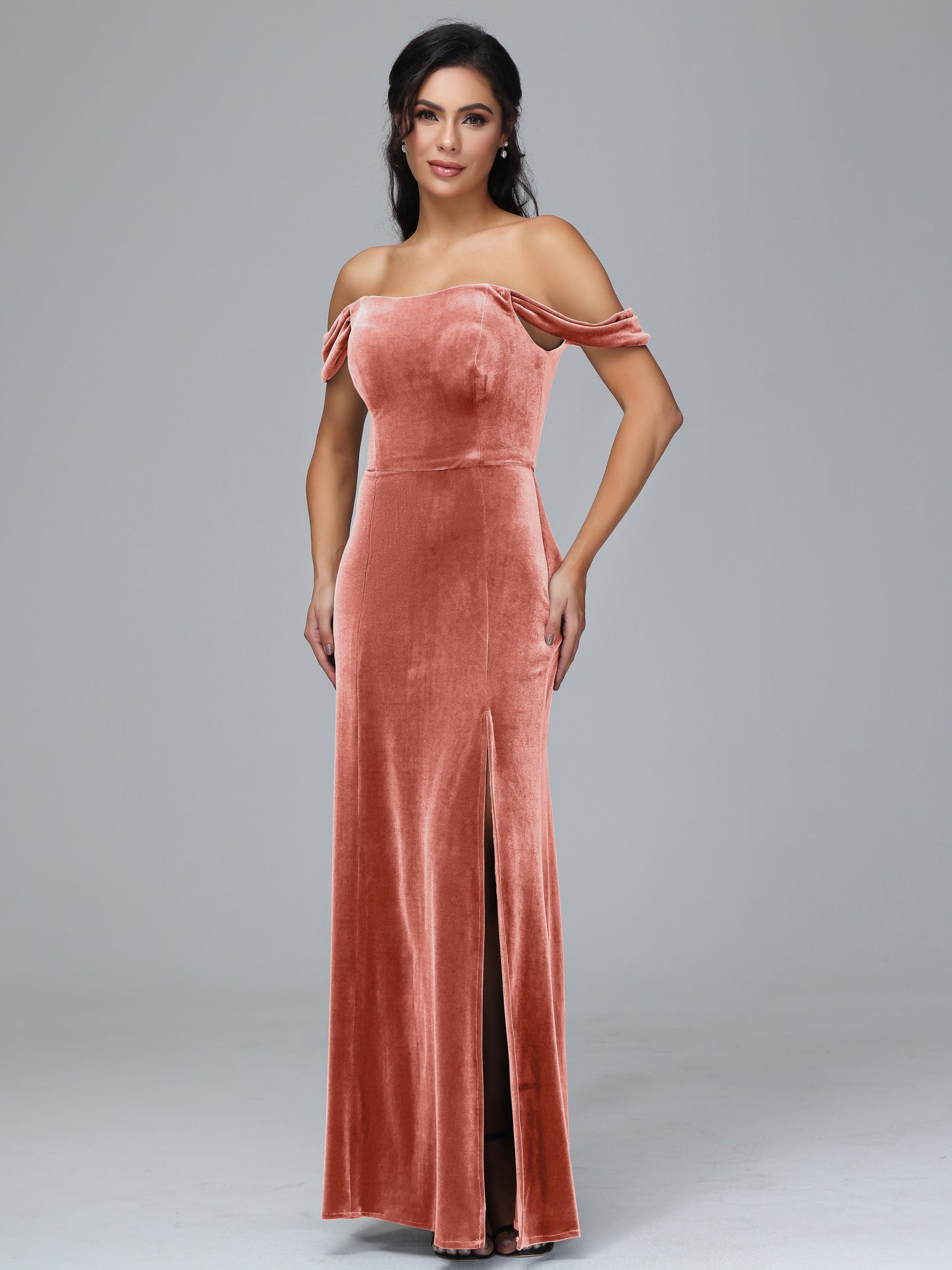 Off Shoulder Plus Size Velvet Bridesmaid Dress With Slit