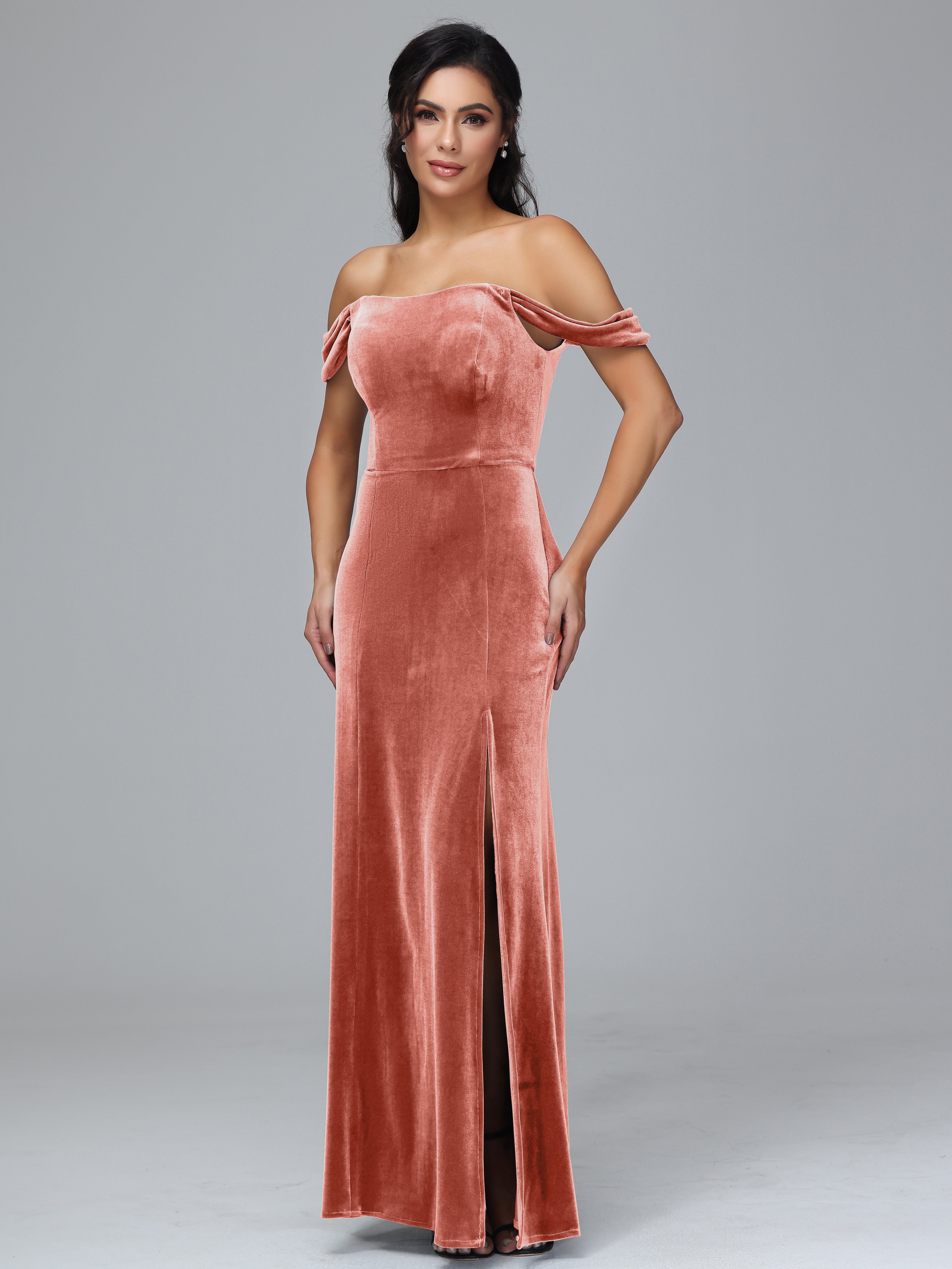 Off Shoulder Plus Size Velvet Bridesmaid Dress With Slit
