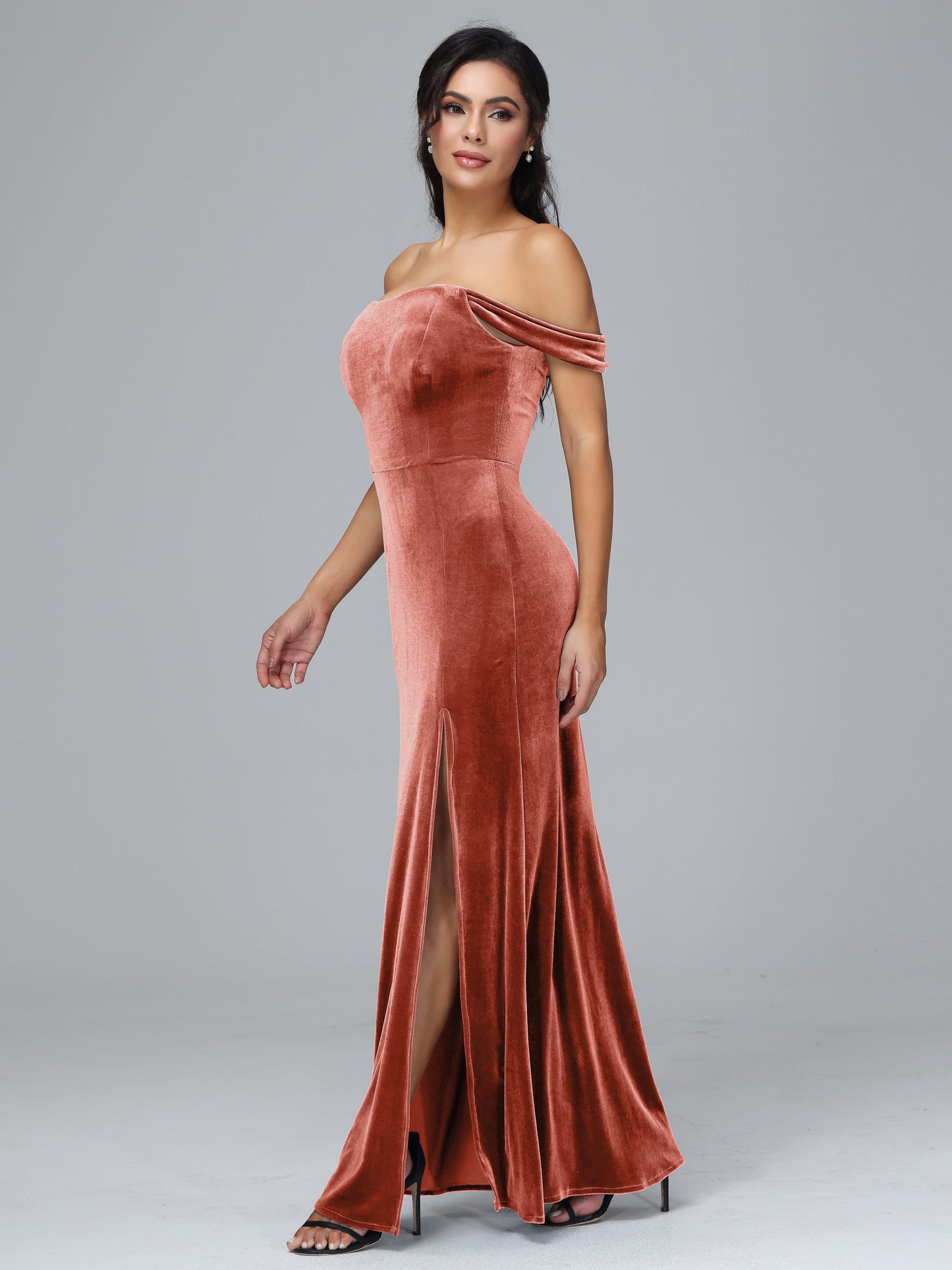 Off Shoulder Plus Size Velvet Bridesmaid Dress With Slit