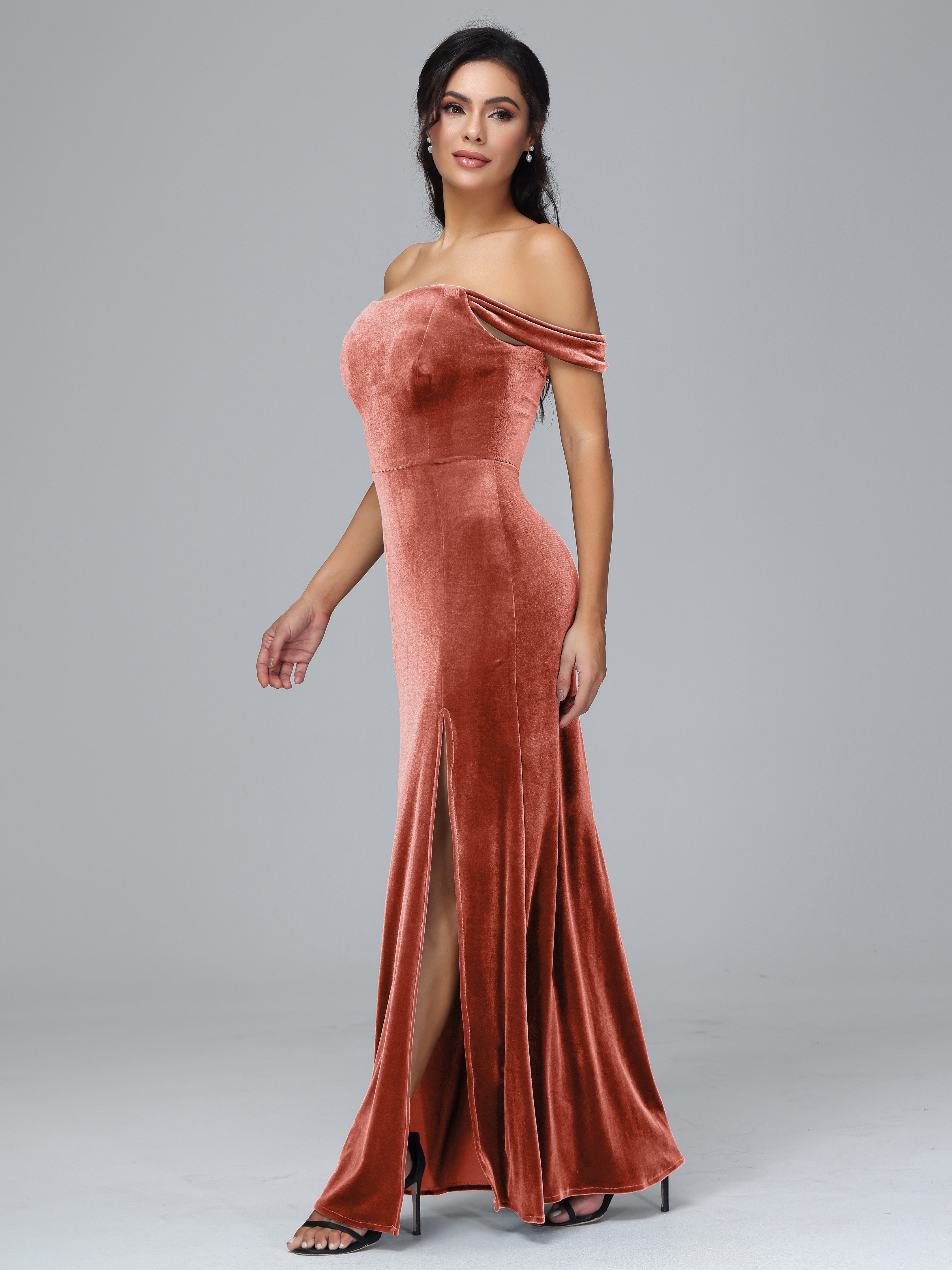 Off Shoulder Plus Size Velvet Bridesmaid Dress With Slit