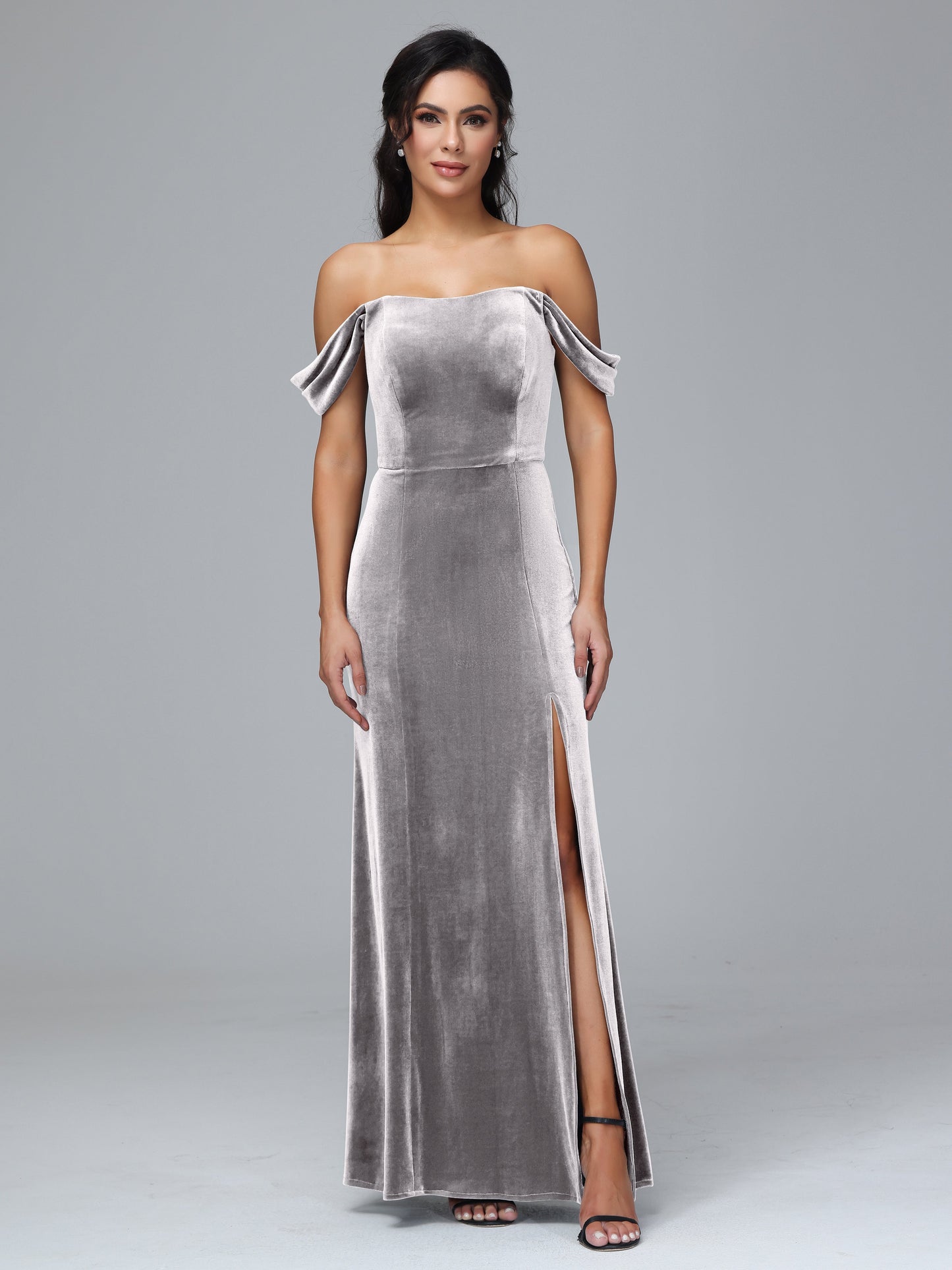Off Shoulder Plus Size Velvet Bridesmaid Dress With Slit