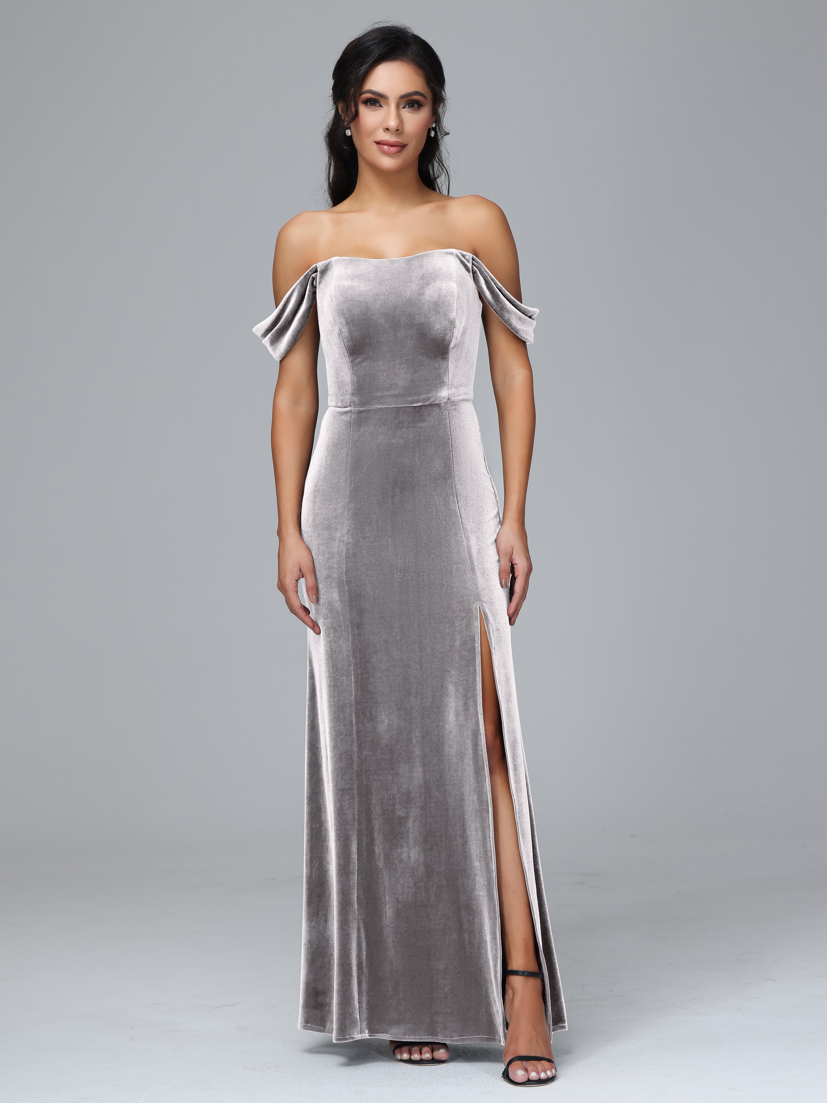 Off Shoulder Plus Size Velvet Bridesmaid Dress With Slit