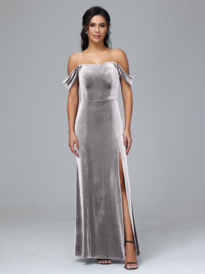 Off Shoulder Plus Size Velvet Bridesmaid Dress With Slit