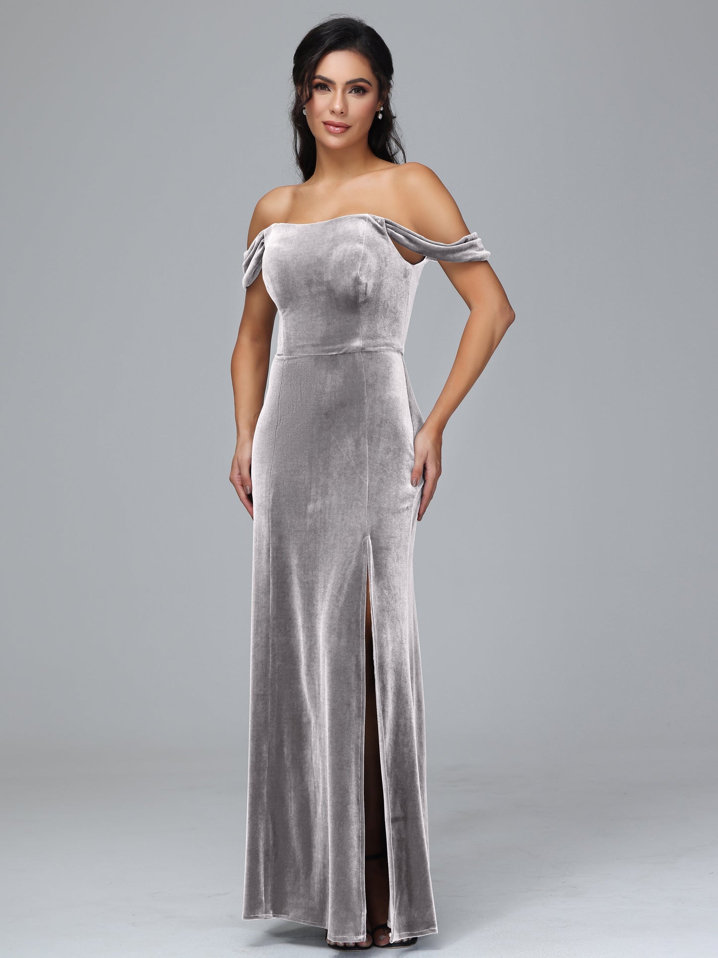Off Shoulder Plus Size Velvet Bridesmaid Dress With Slit