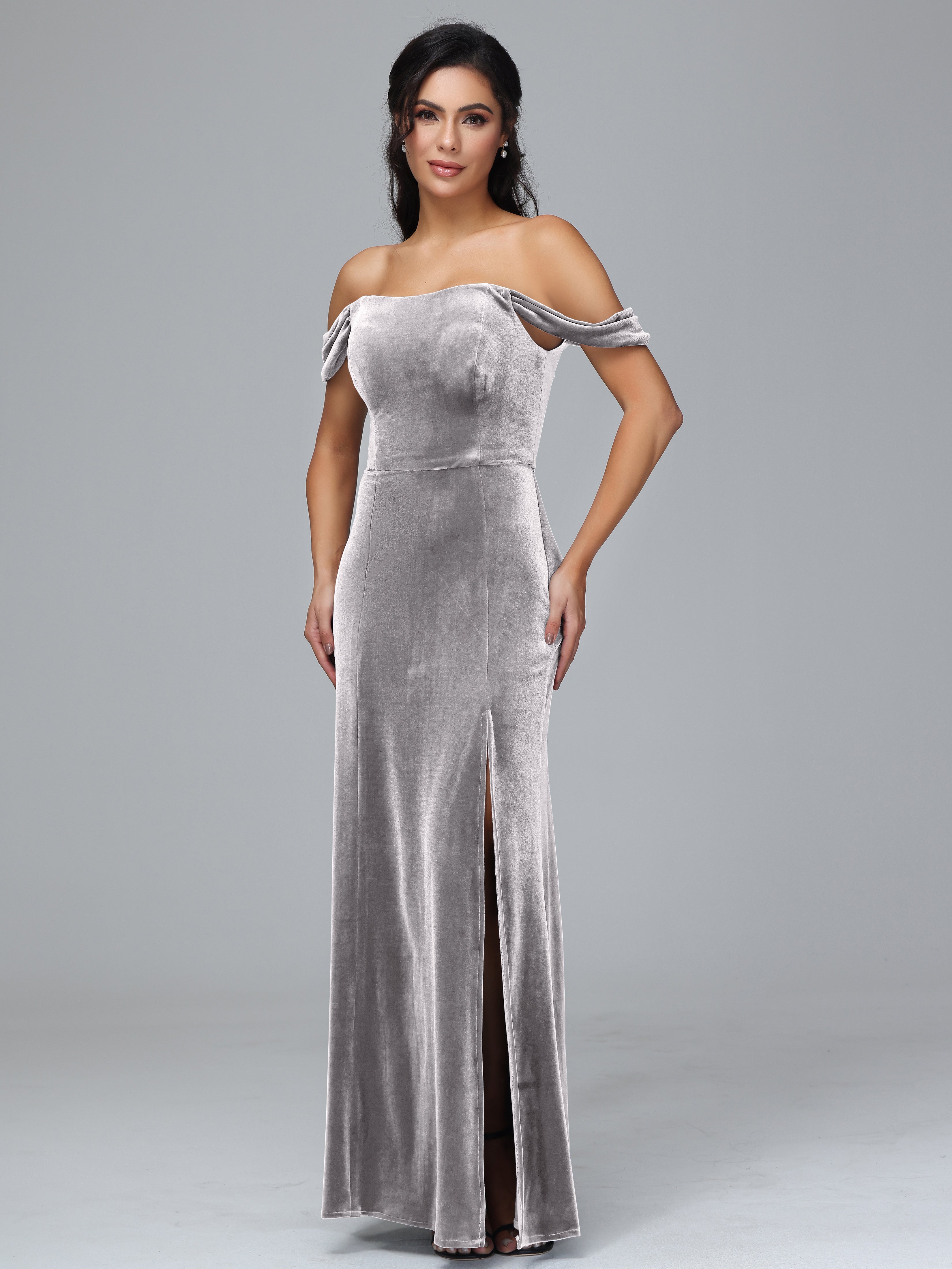 Off Shoulder Plus Size Velvet Bridesmaid Dress With Slit