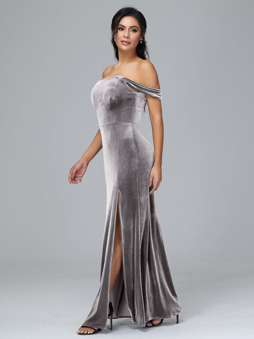 Off Shoulder Plus Size Velvet Bridesmaid Dress With Slit