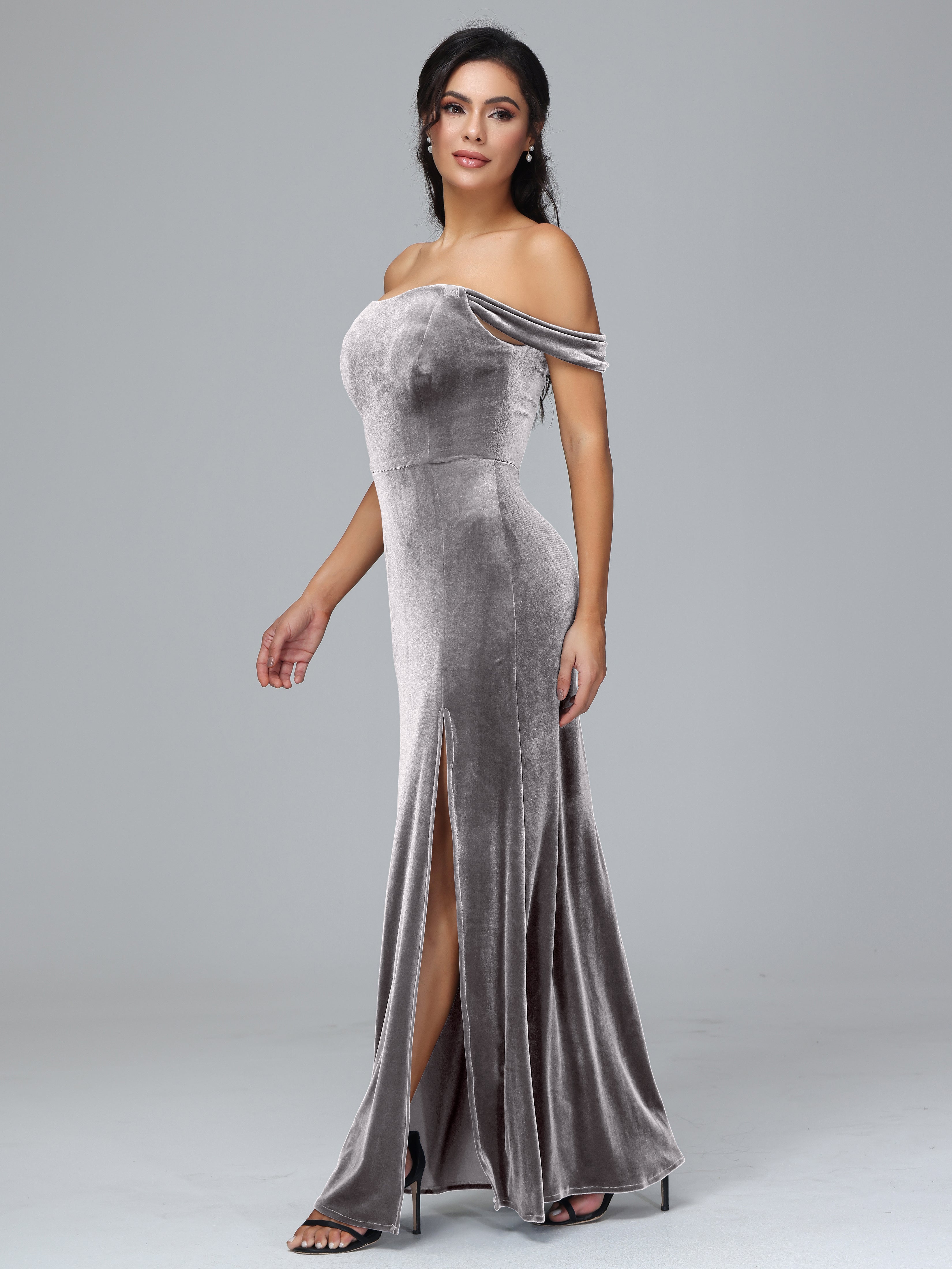 Off Shoulder Plus Size Velvet Bridesmaid Dress With Slit