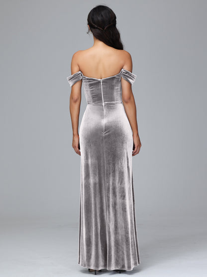 Off Shoulder Plus Size Velvet Bridesmaid Dress With Slit