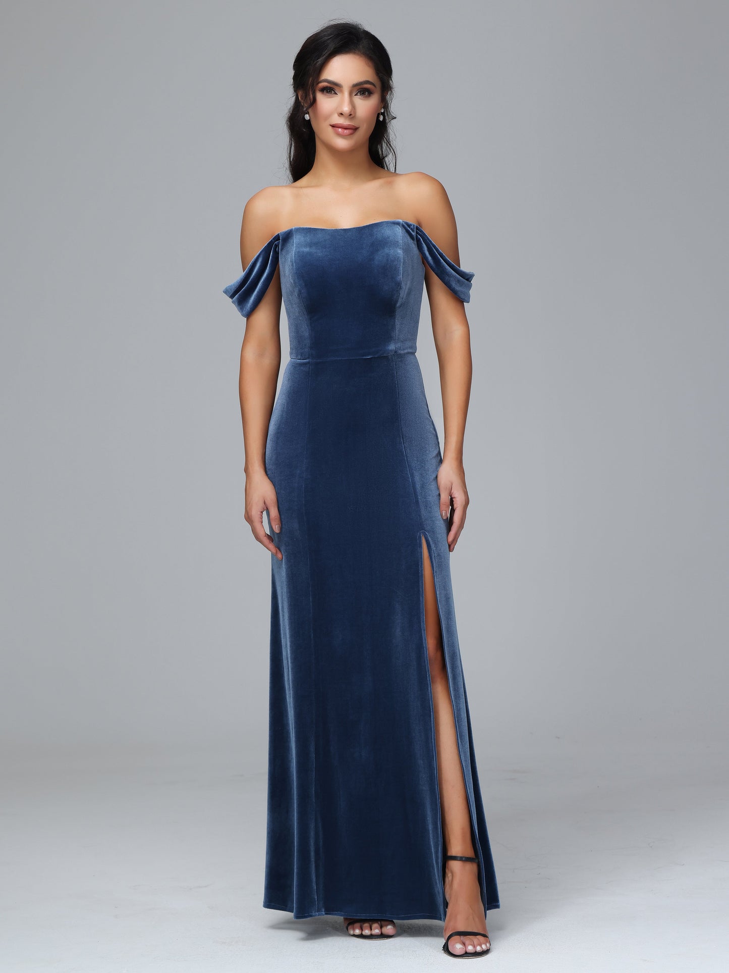 Off Shoulder Plus Size Velvet Bridesmaid Dress With Slit