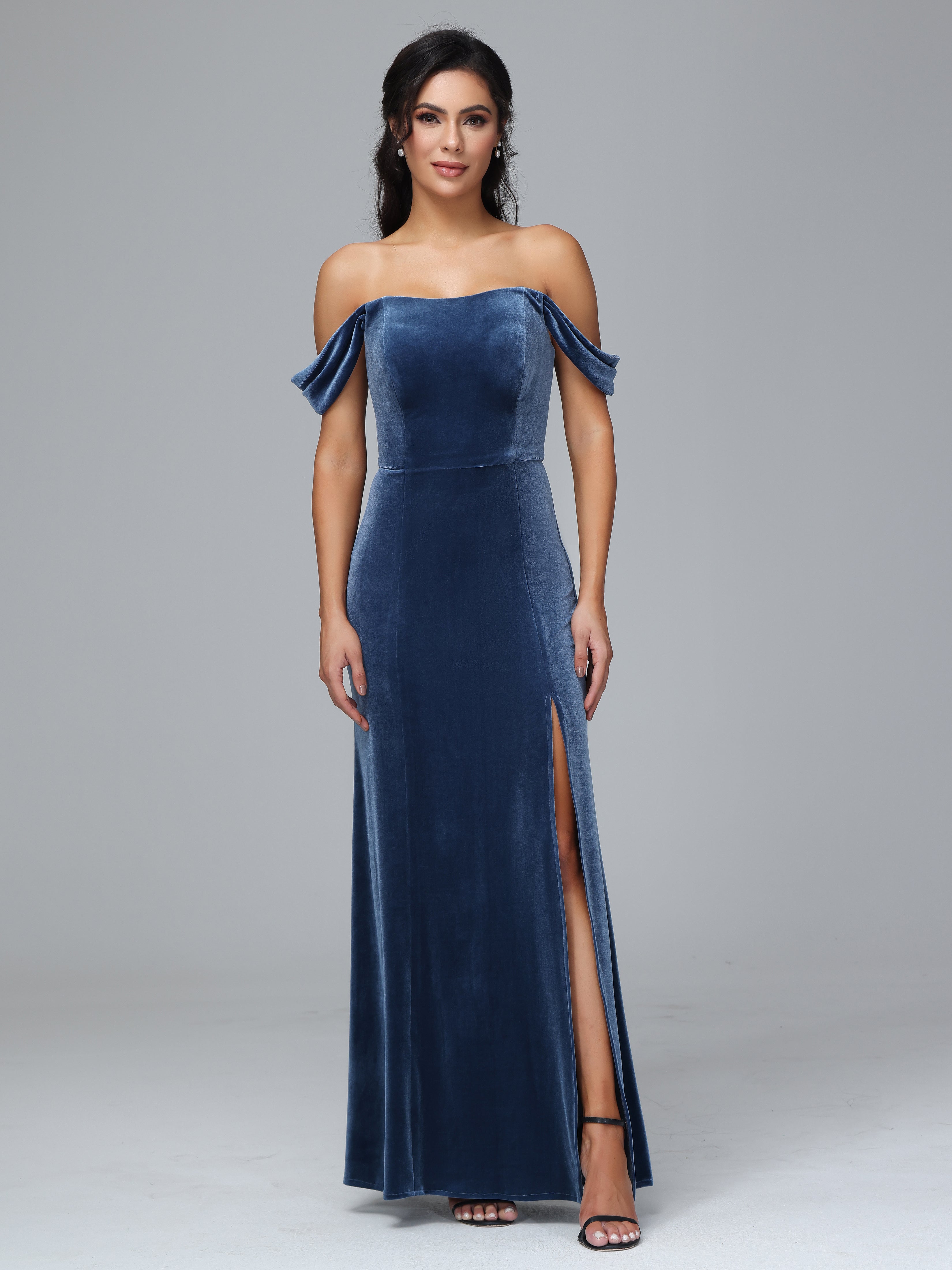 Off Shoulder Plus Size Velvet Bridesmaid Dress With Slit