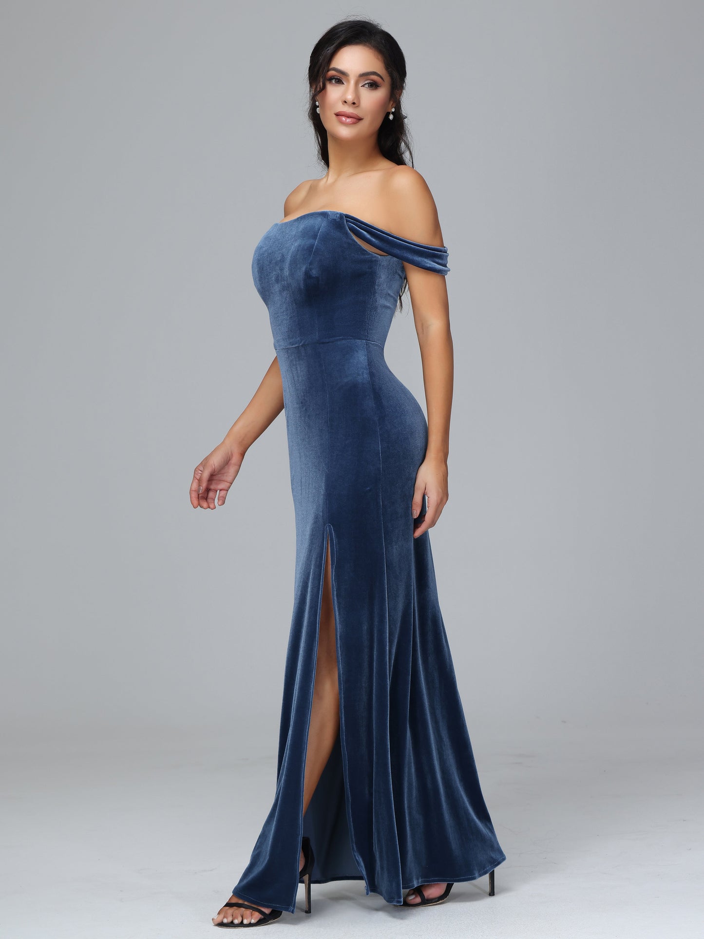 Off Shoulder Plus Size Velvet Bridesmaid Dress With Slit