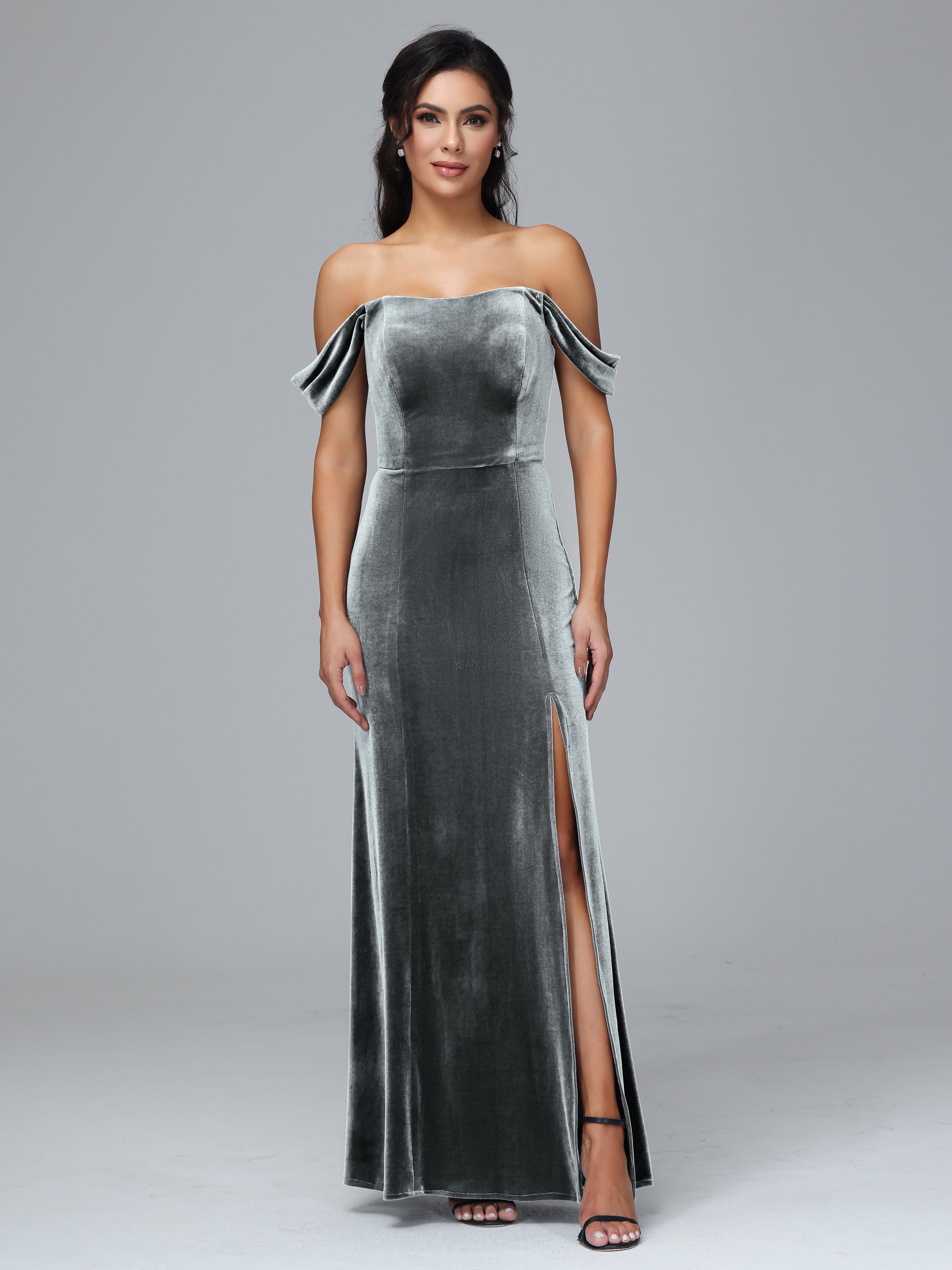 Off Shoulder Plus Size Velvet Bridesmaid Dress With Slit