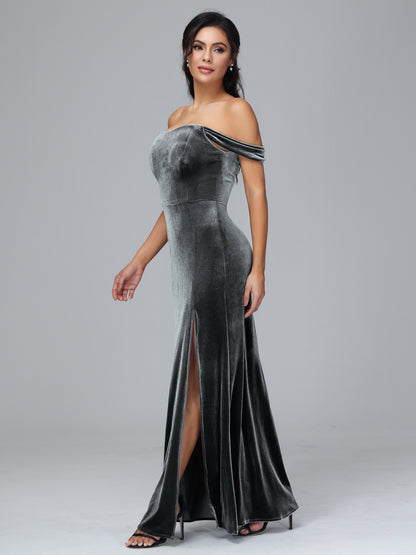 Off Shoulder Plus Size Velvet Bridesmaid Dress With Slit