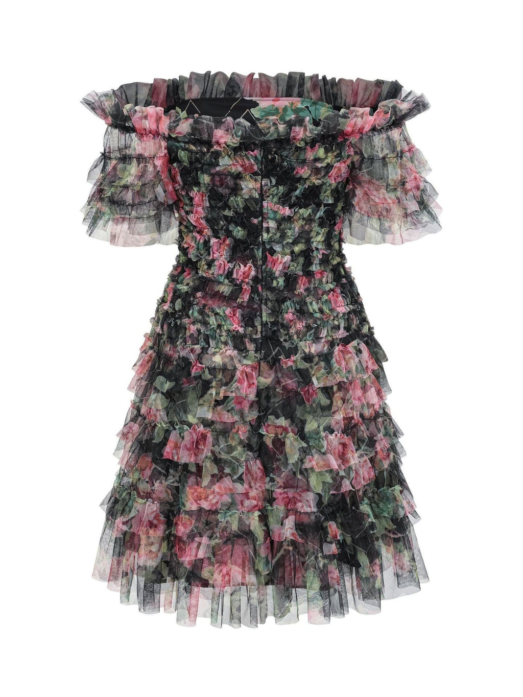 Black Off the Shoulder Floral Tulle Short Knee Length Bridesmaid Dresses