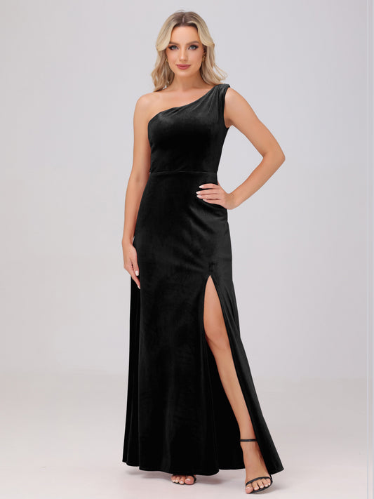 One Shoulder Velvet Bridesmaid Dresses with Slit